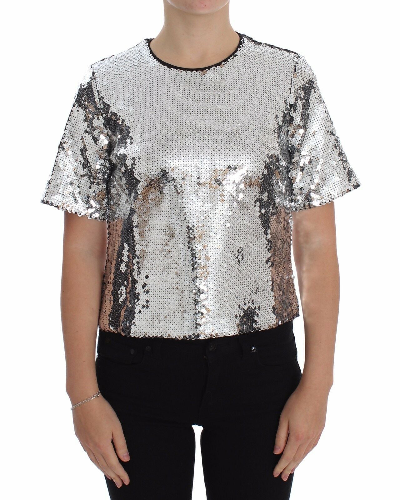 Zilveren blouse met ronde hals en pailletten, T-shirttop