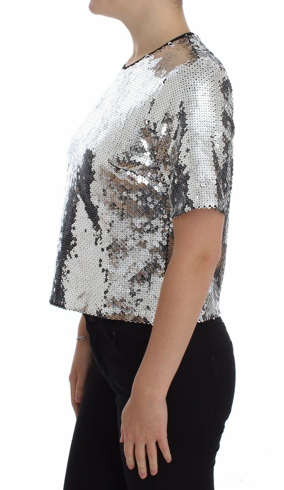 Zilveren blouse met ronde hals en pailletten, T-shirttop