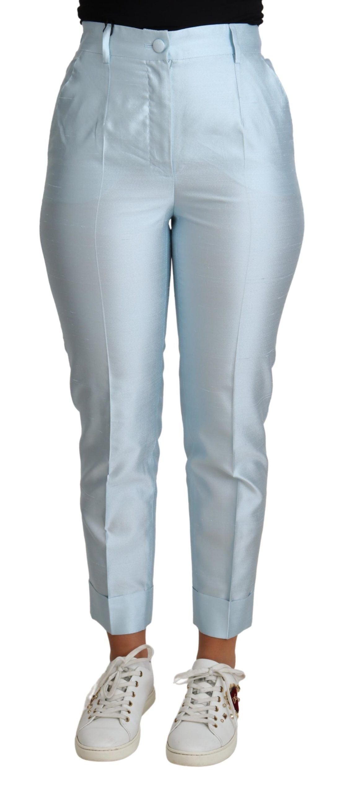 Lichtblauwe zijden cropped taps toelopende broek