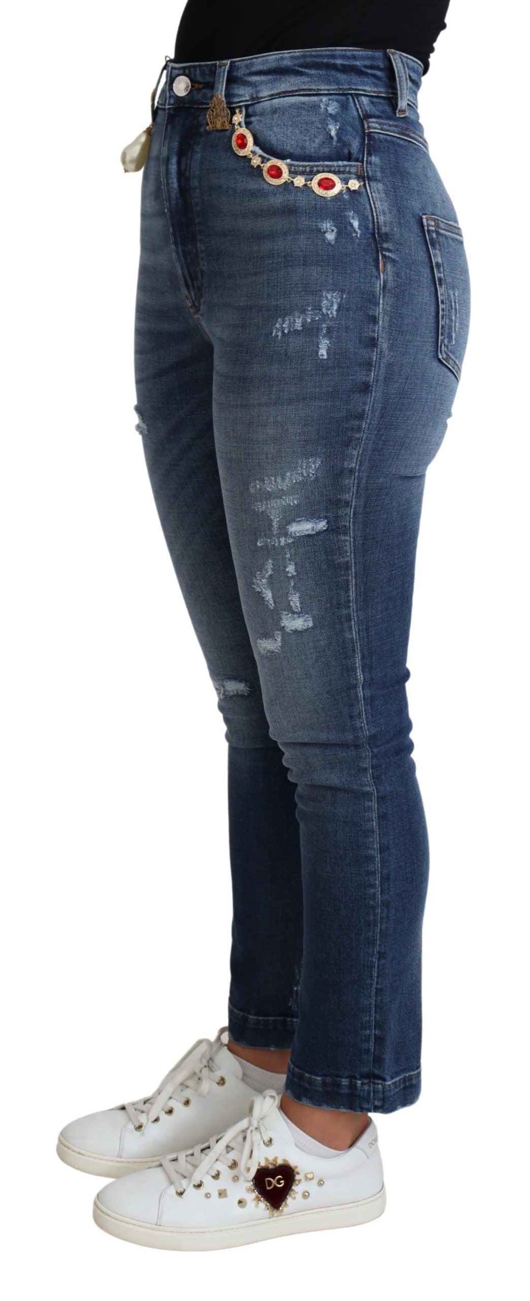 Blauwe versierde skinny broek katoenen jeans