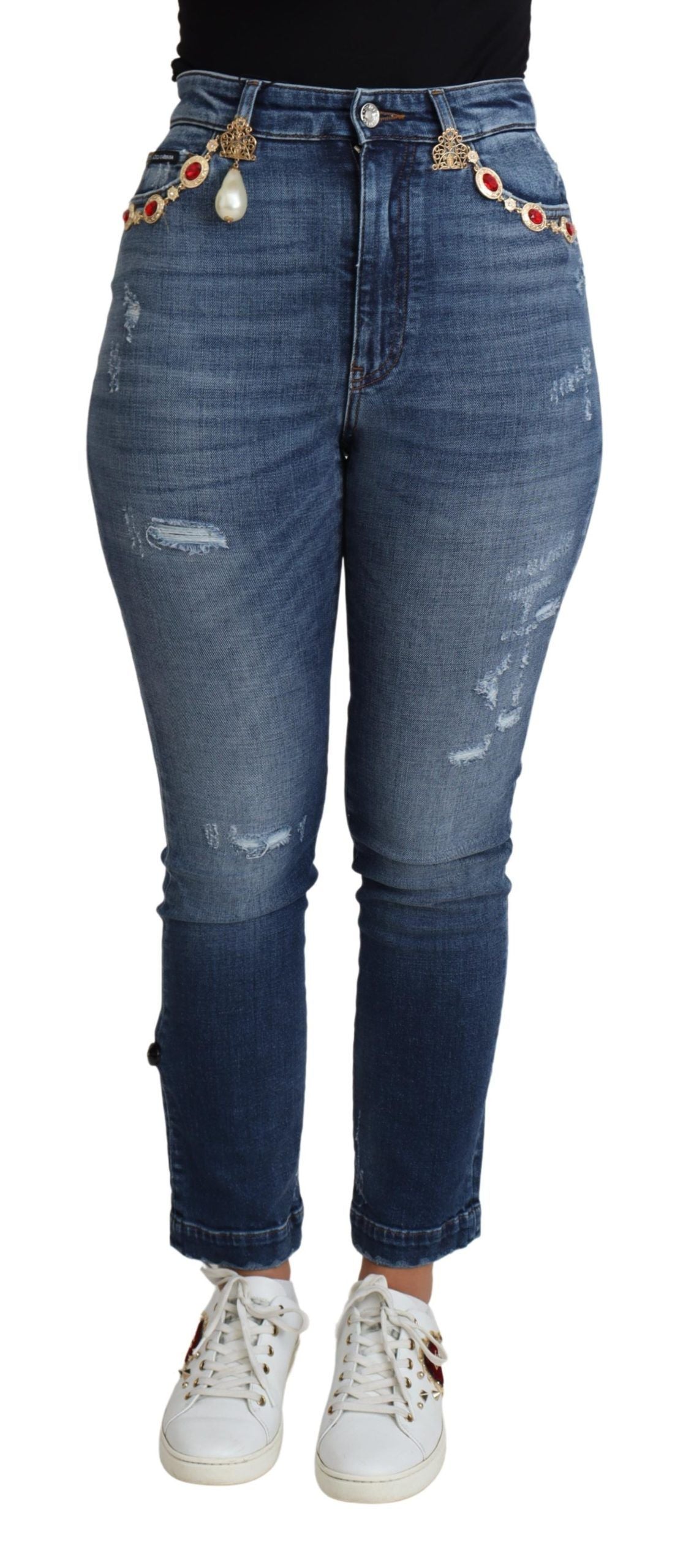Blauwe versierde skinny broek katoenen jeans