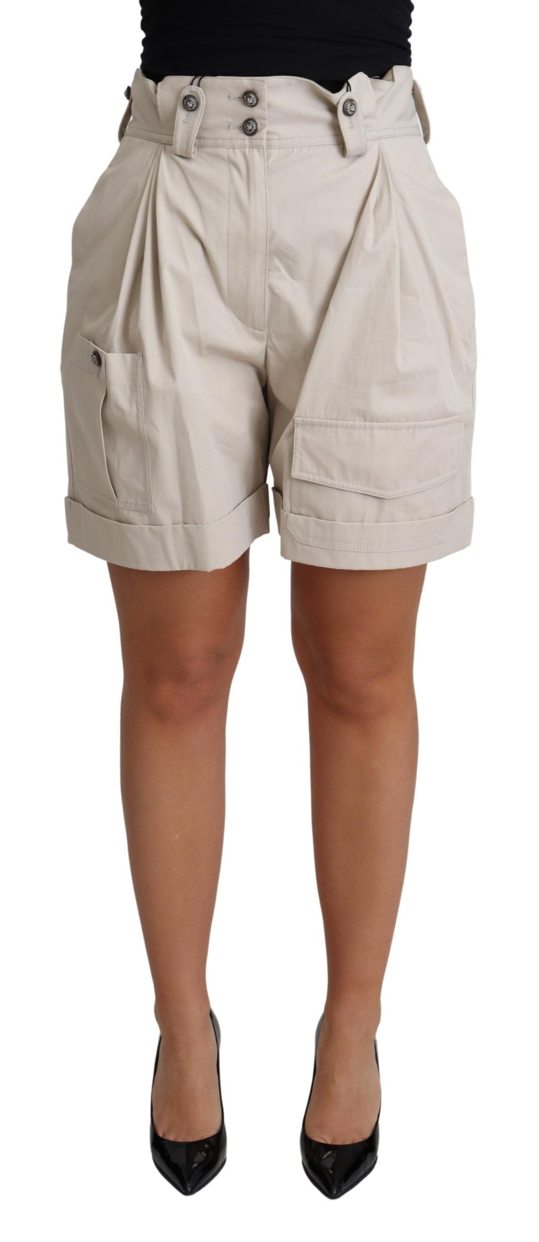 Beige katoenen geplooide casual shorts met hoge taille