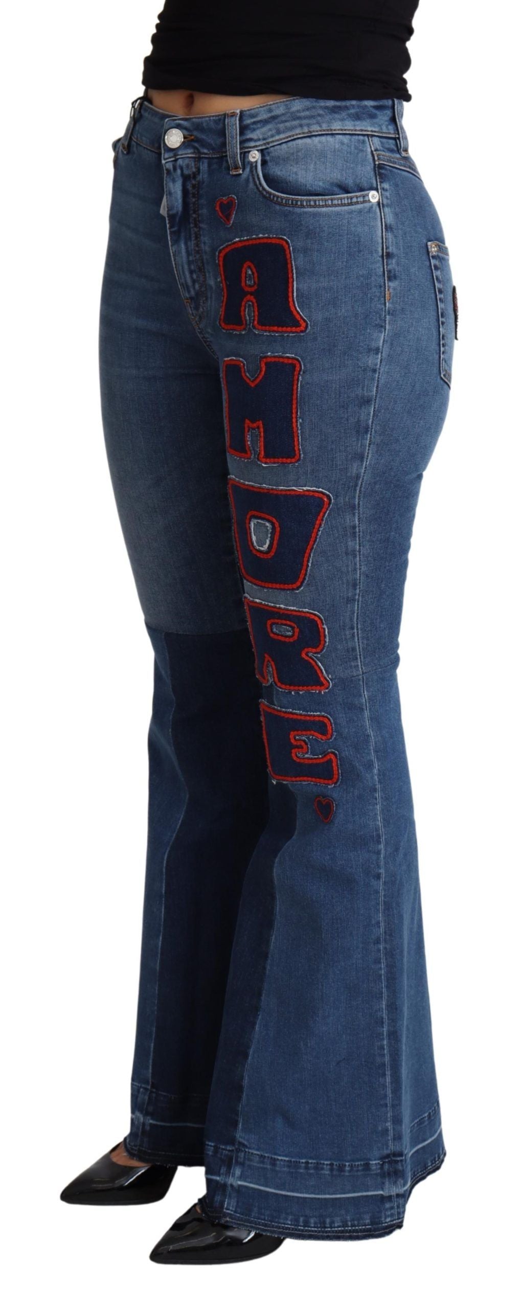 Blauwe Amore Patch Boot Cut Katoenen Stretch Broek