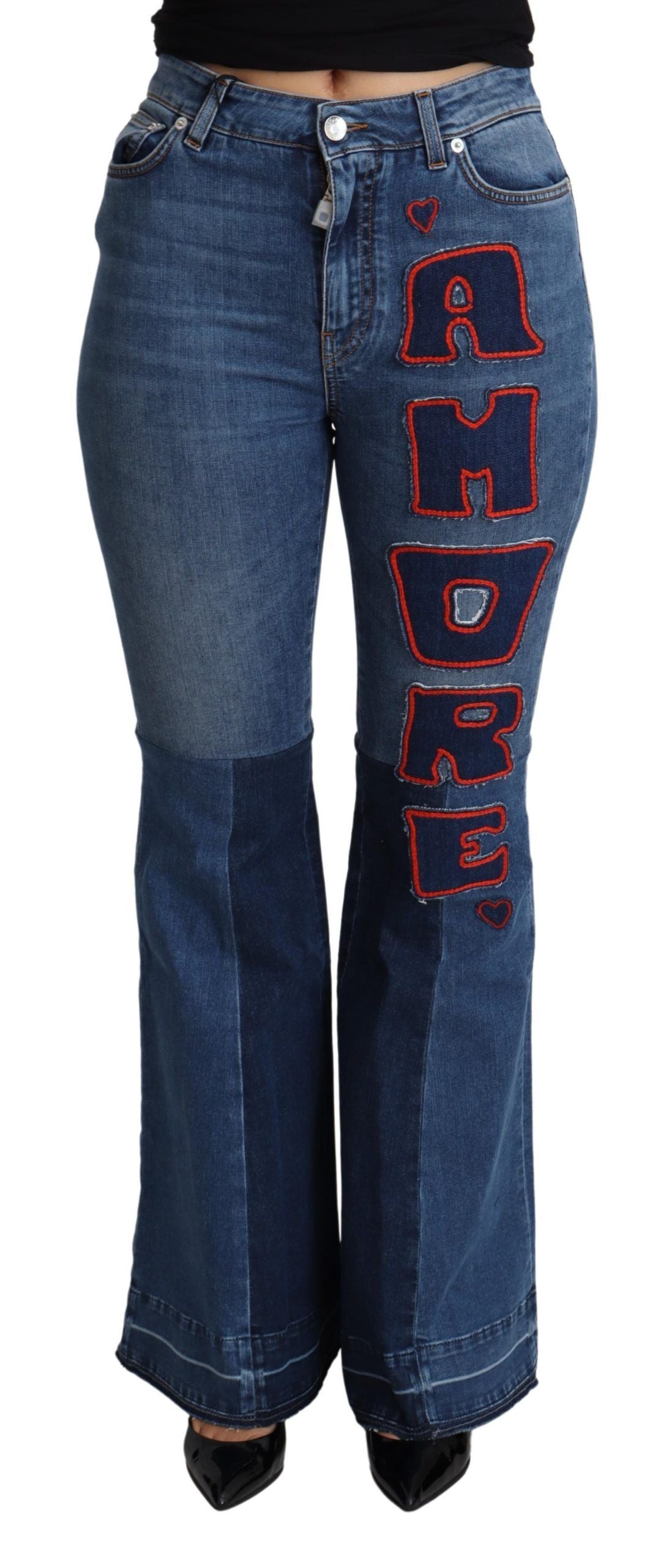 Blauwe Amore Patch Boot Cut Katoenen Stretch Broek