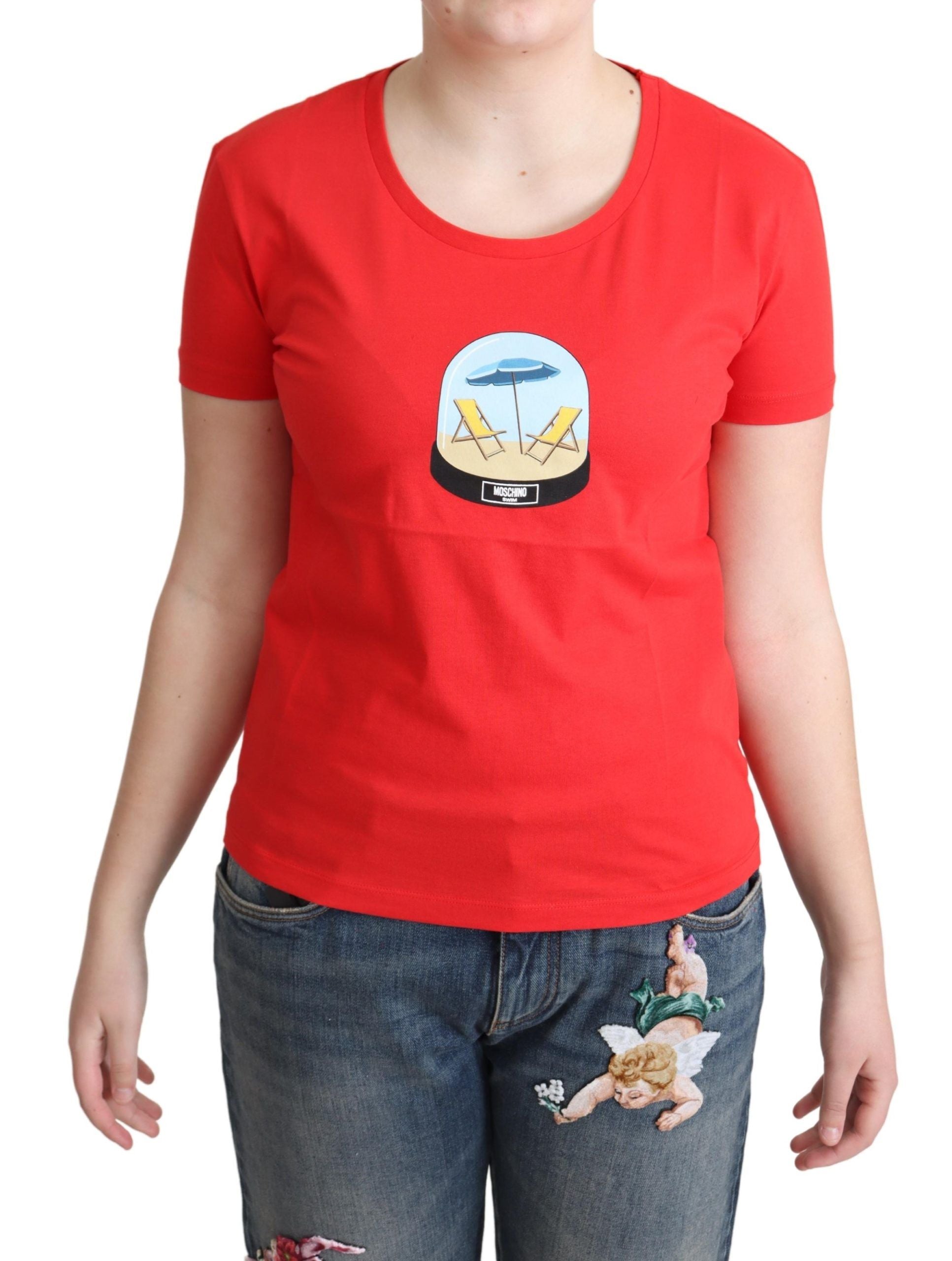 Rode bedrukte katoenen blouse met korte mouwen en T-shirt