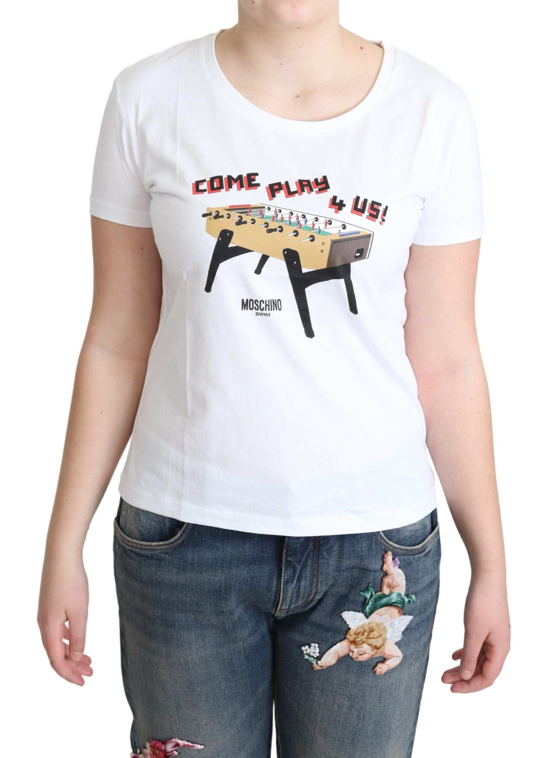 Wit katoenen T-shirt met print 'Come Play 4 Us'