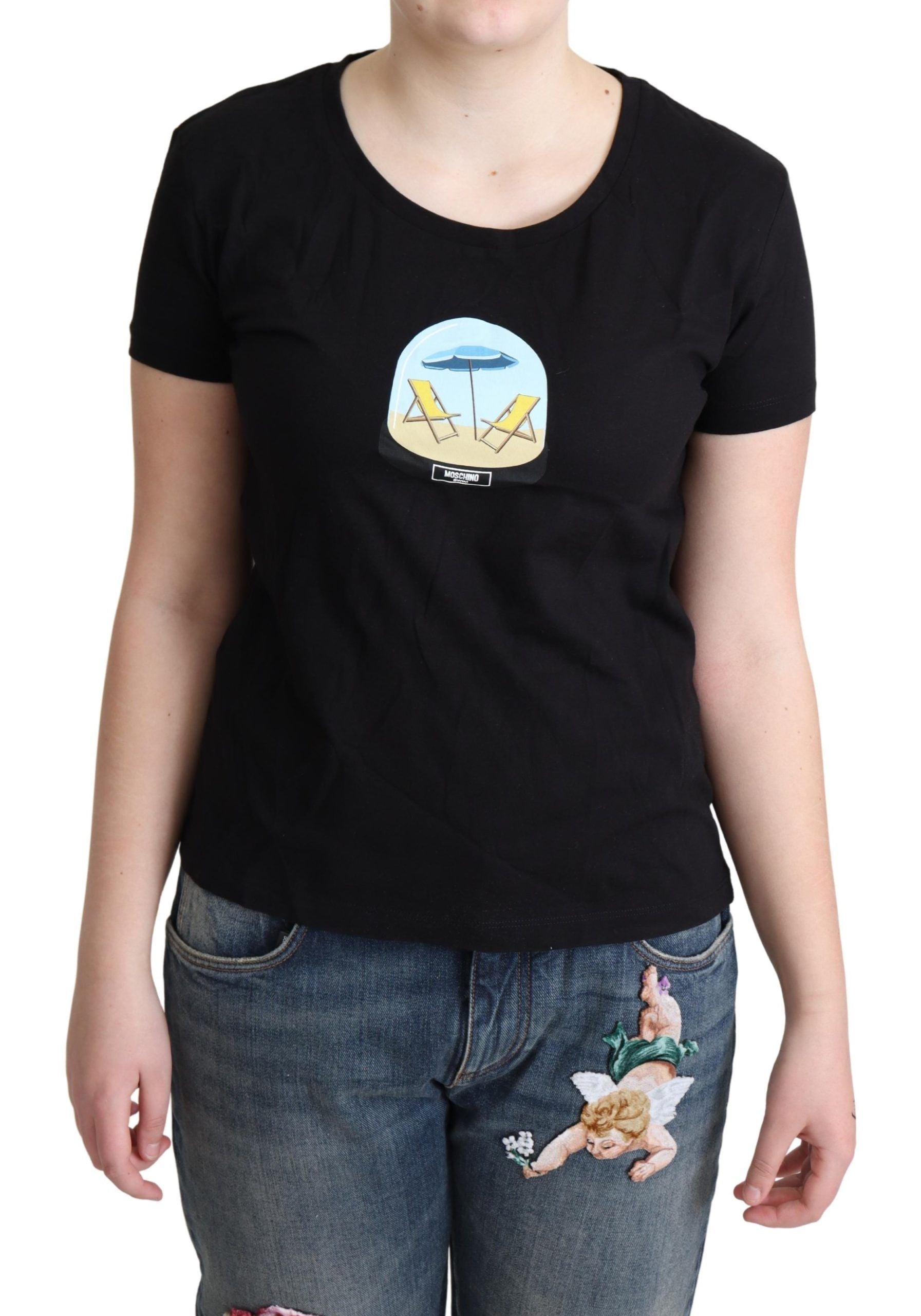 Zwart bedrukt katoenen T-shirt met korte mouwen