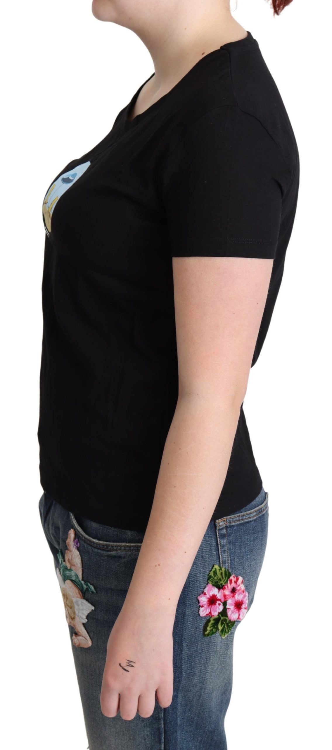 Zwart bedrukt katoenen T-shirt met korte mouwen