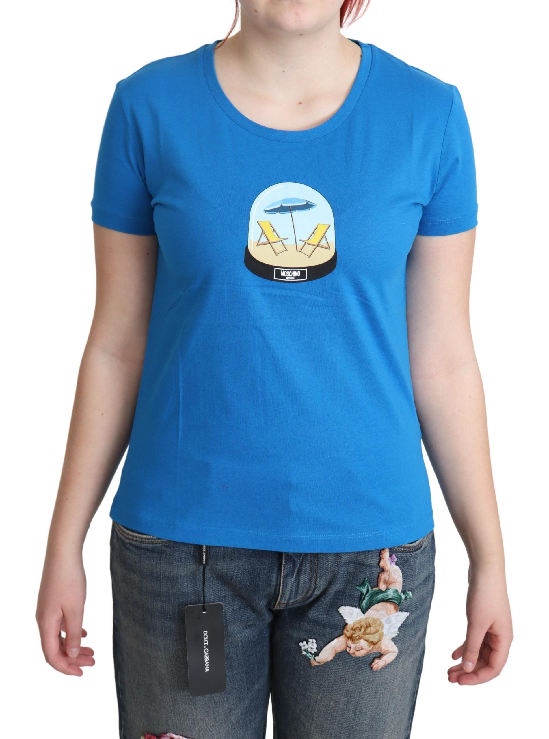Blauw bedrukt katoenen T-shirt met korte mouwen