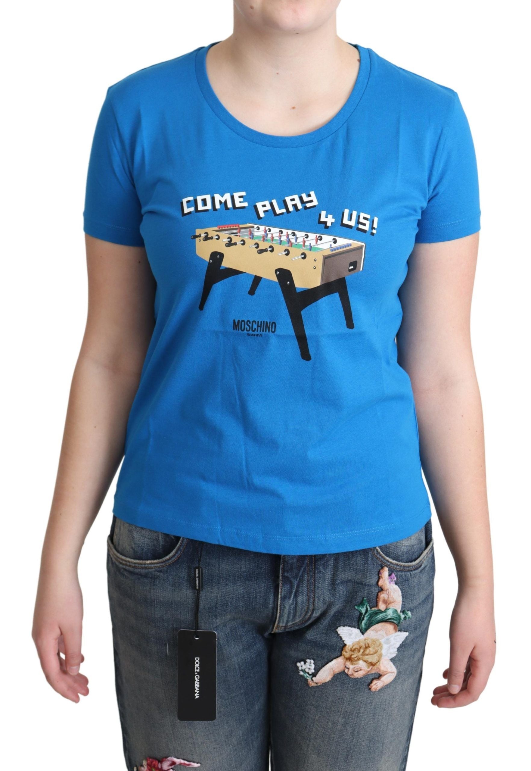 Blauw katoenen T-shirt met print 'Kom Spelen voor Ons'
