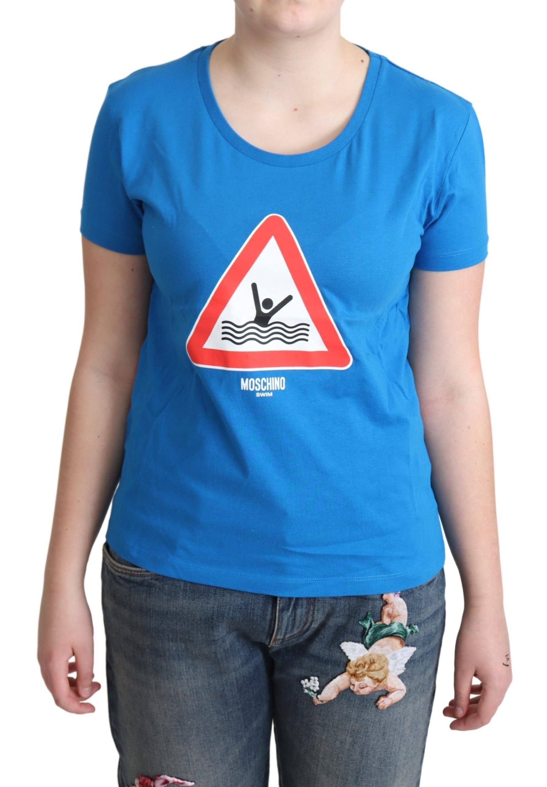 Blauw katoenen zwemshirt met grafische driehoek