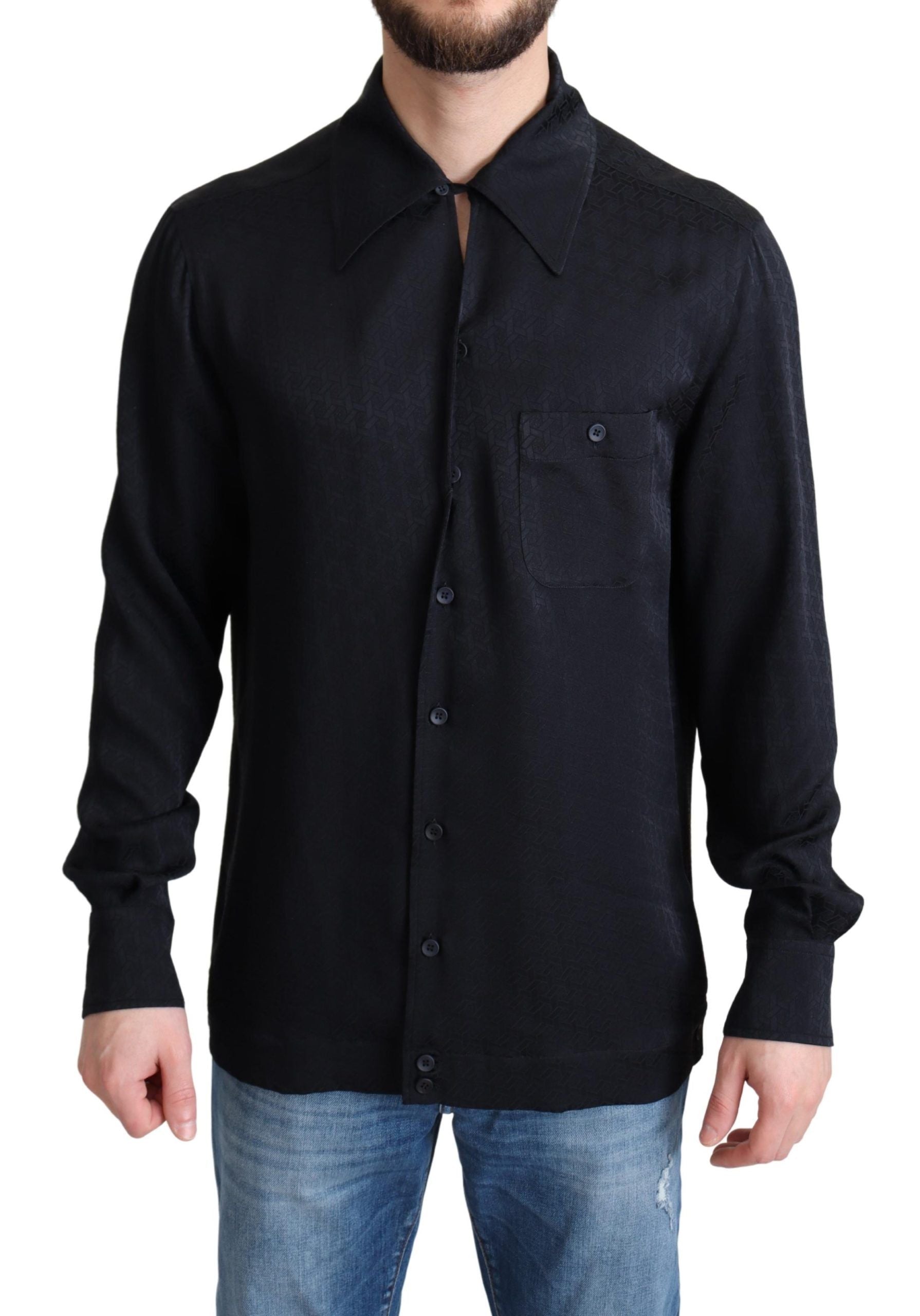 Zwart Jacquard Zijden Casual Overhemd met Knoopjes