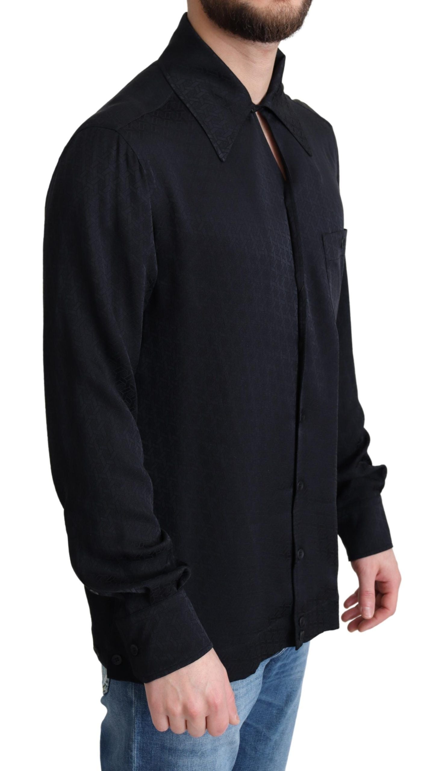 Zwart Jacquard Zijden Casual Overhemd met Knoopjes