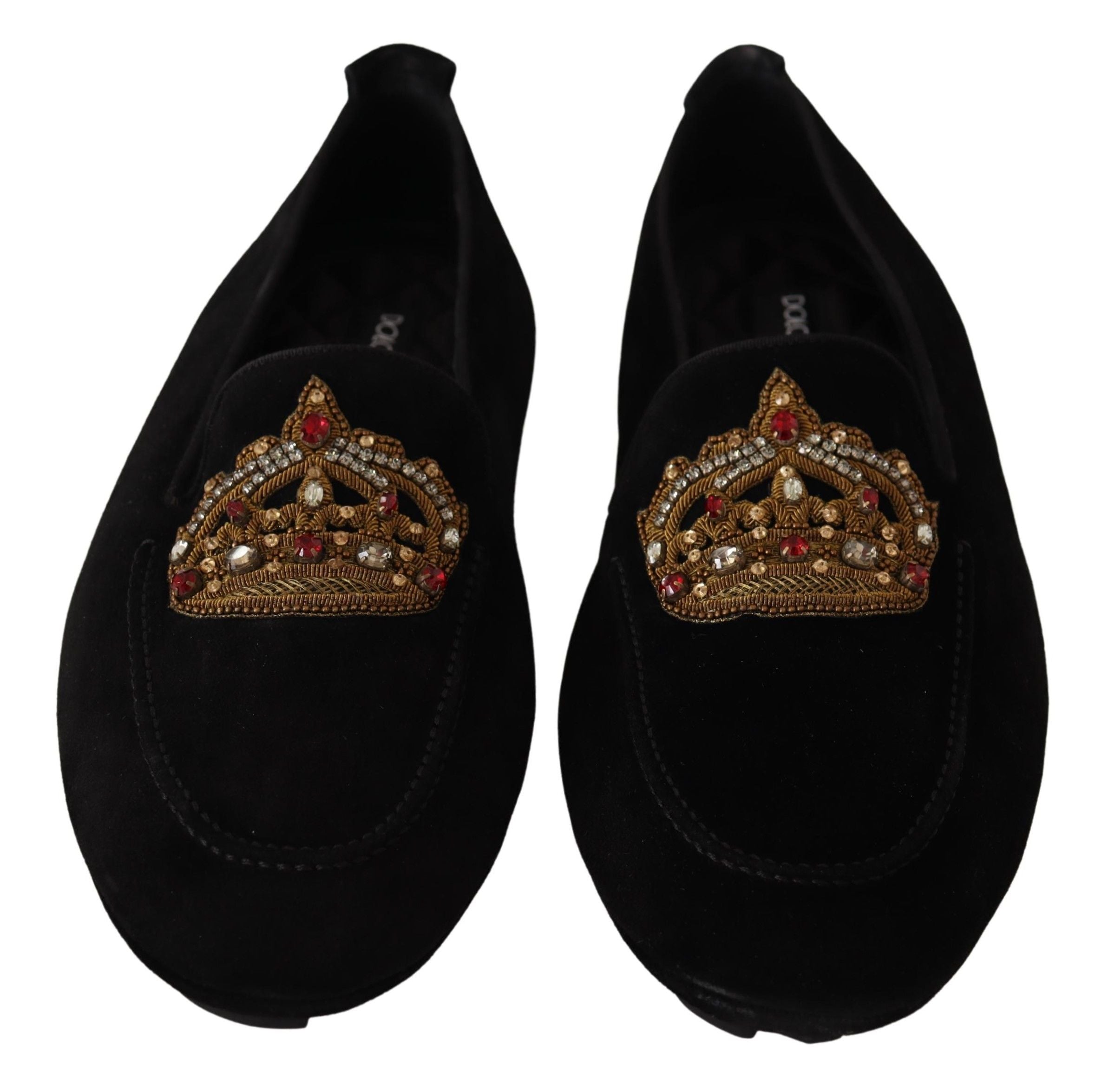 Zwarte leren loafers met kristalgouden kroon