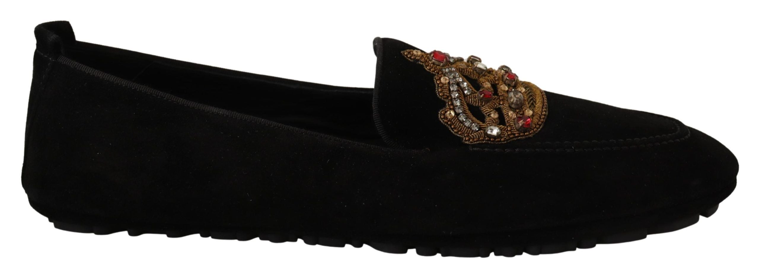 Zwarte leren loafers met kristalgouden kroon