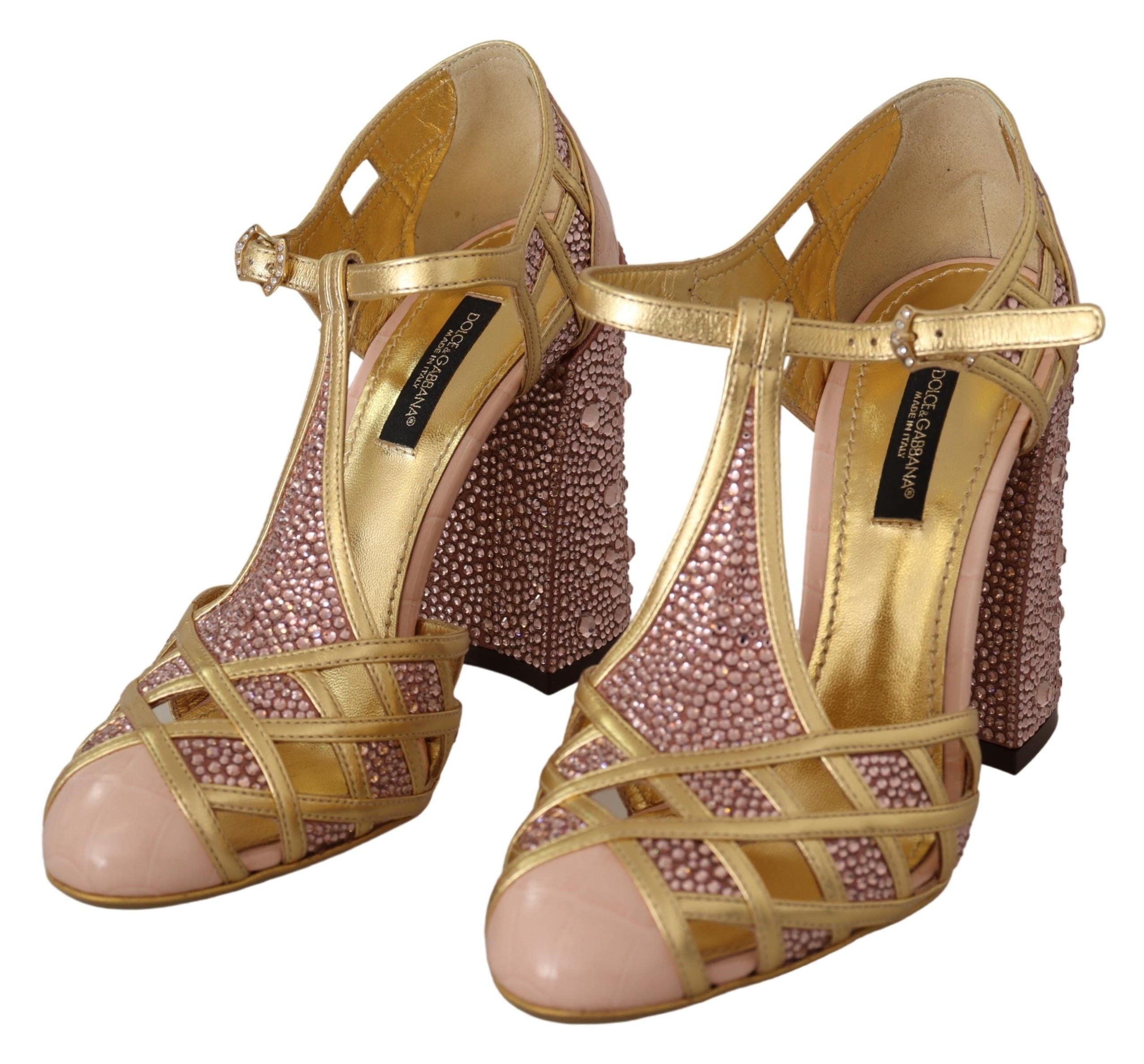 Roze gouden leren kristallen pumps met T-bandje