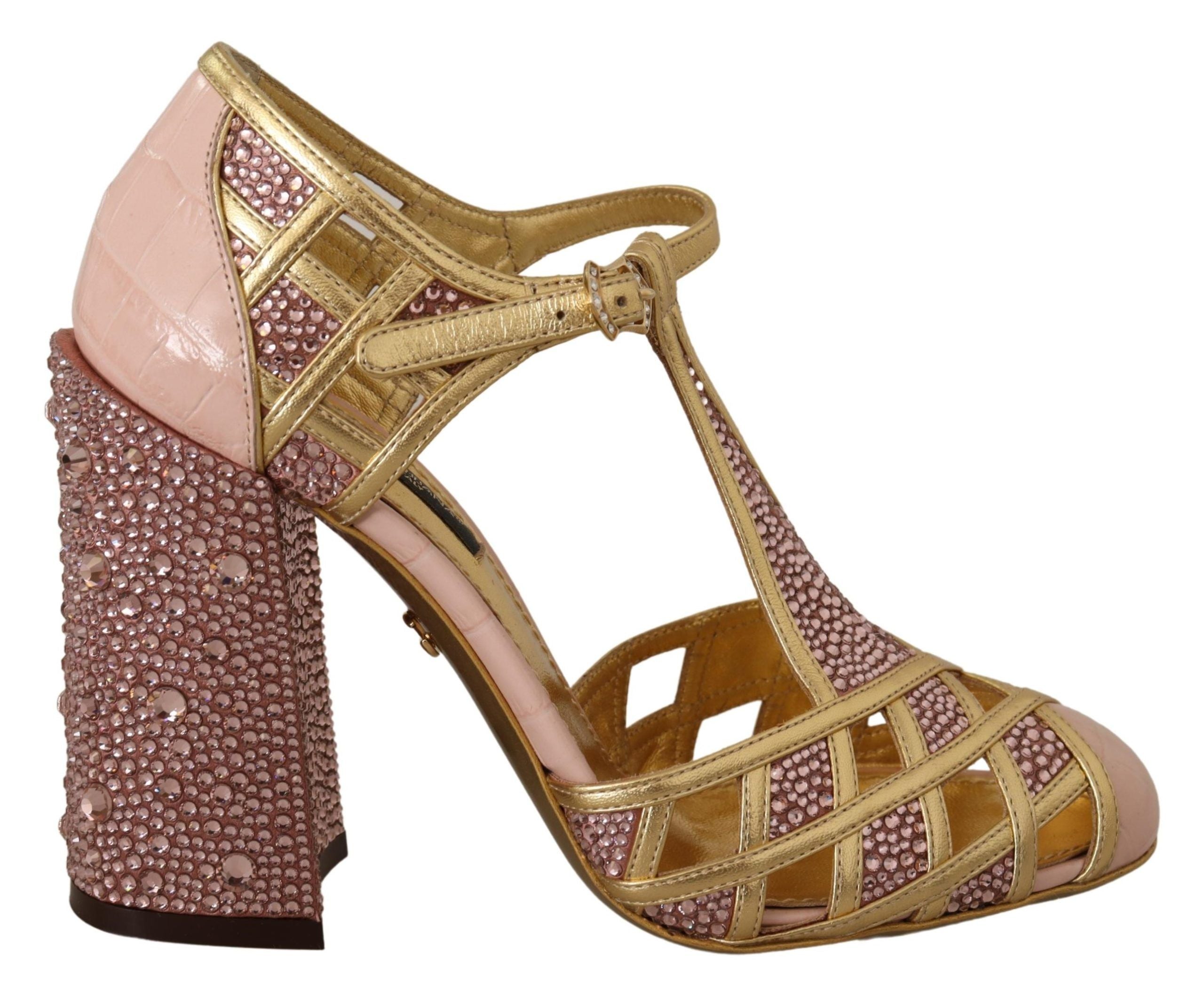 Roze gouden leren kristallen pumps met T-bandje