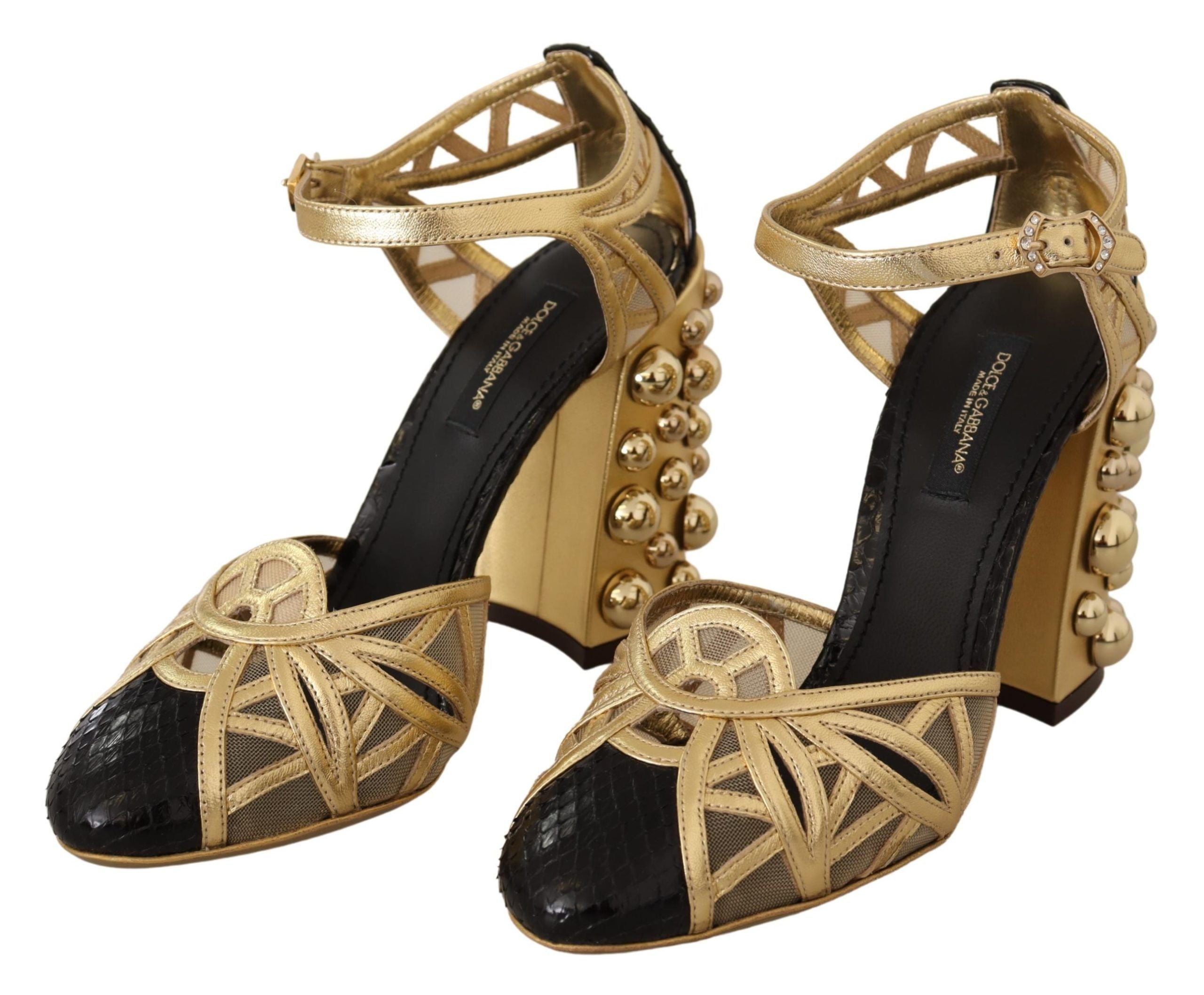 Zwarte gouden leren schoenen met enkelbandjes en studs