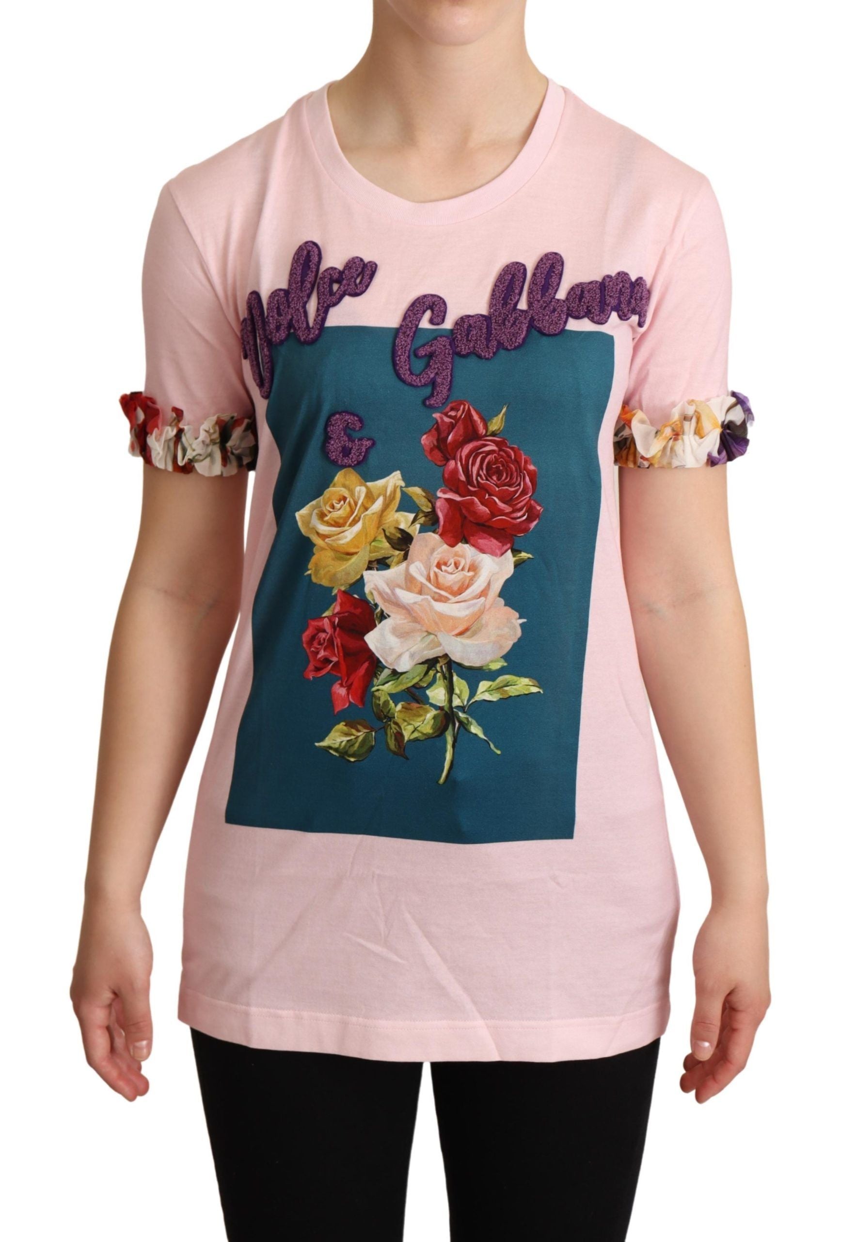 Roze katoenen T-shirt met ronde hals en bloemenprint