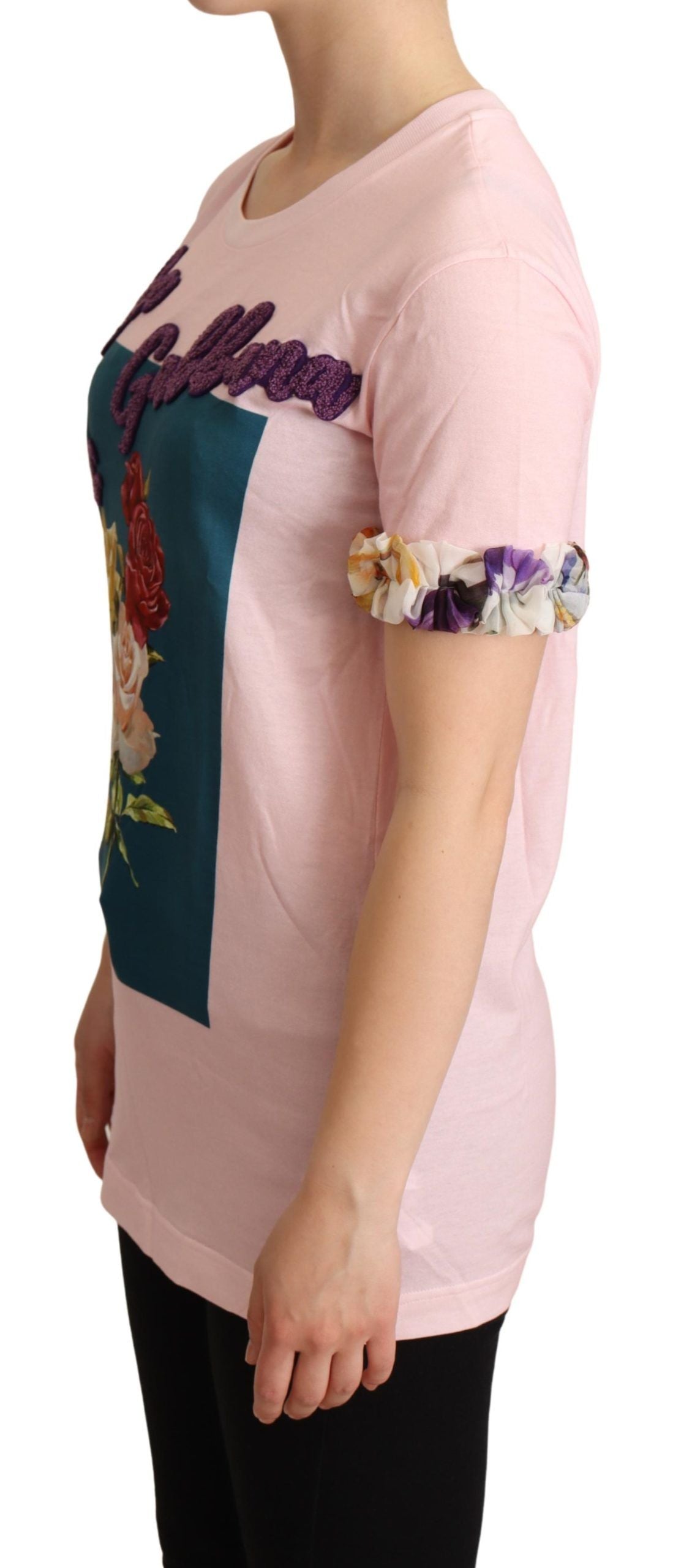 Roze katoenen T-shirt met ronde hals en bloemenprint