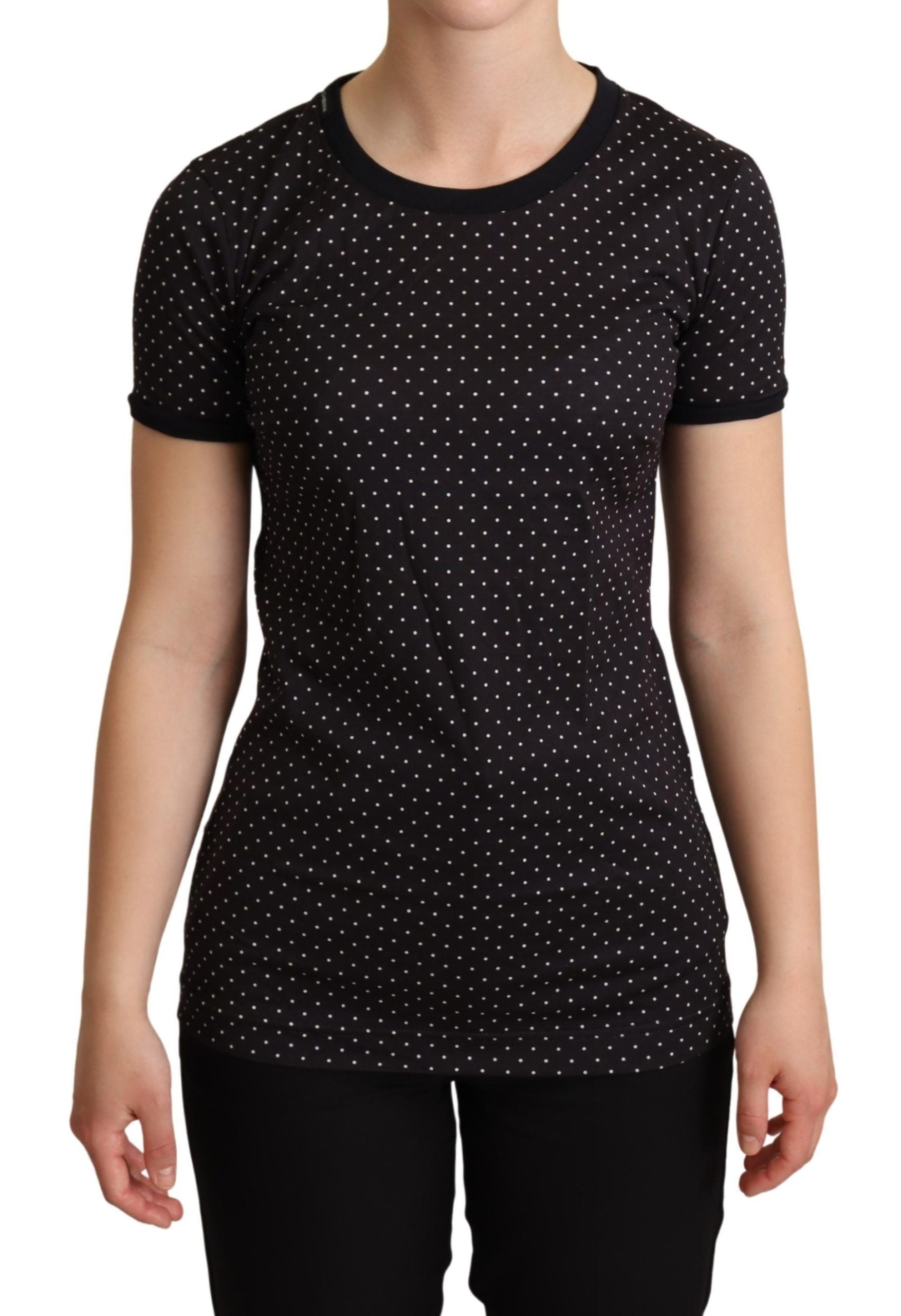 Zwart gestippelde ronde hals katoenen T-shirt