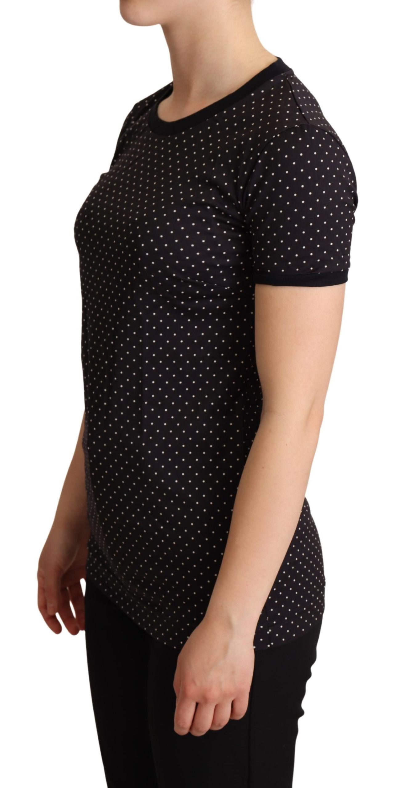 Zwart gestippelde ronde hals katoenen T-shirt