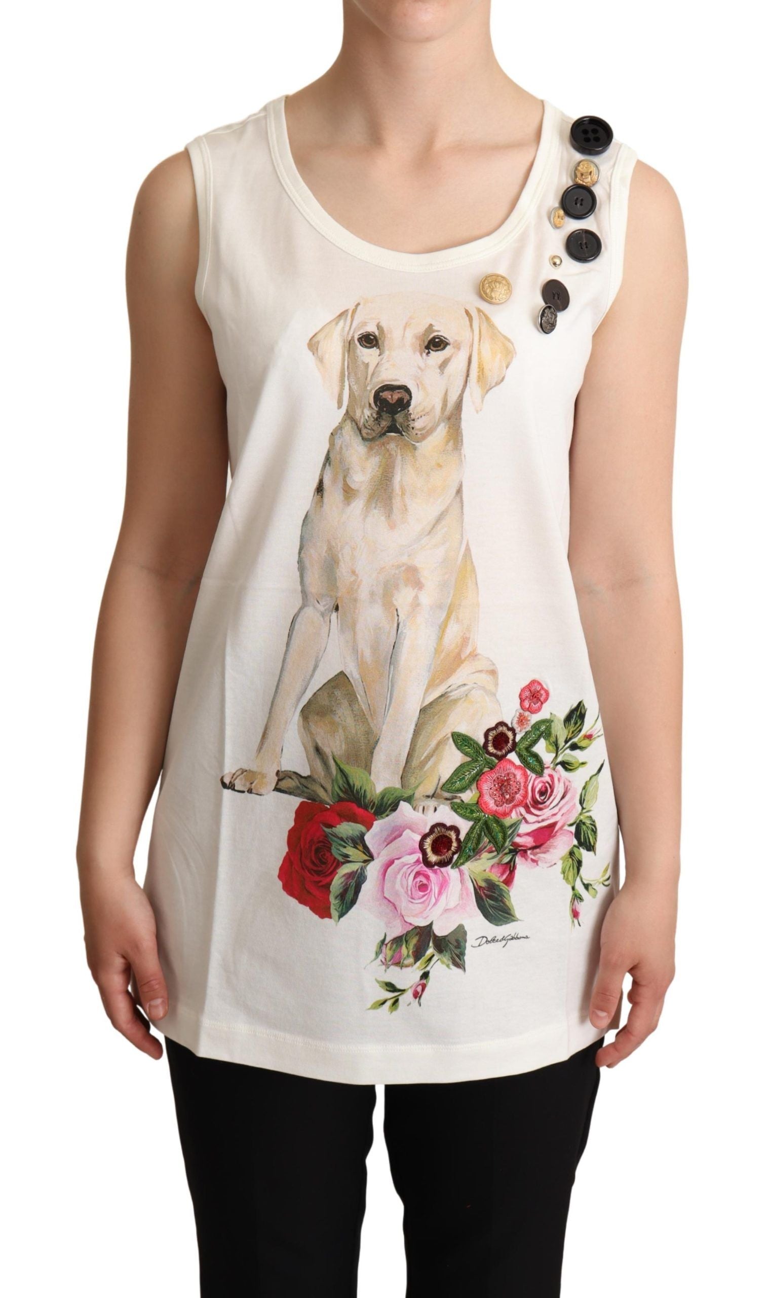 Wit T-shirt met bloemenprint en versierd met hondenprint