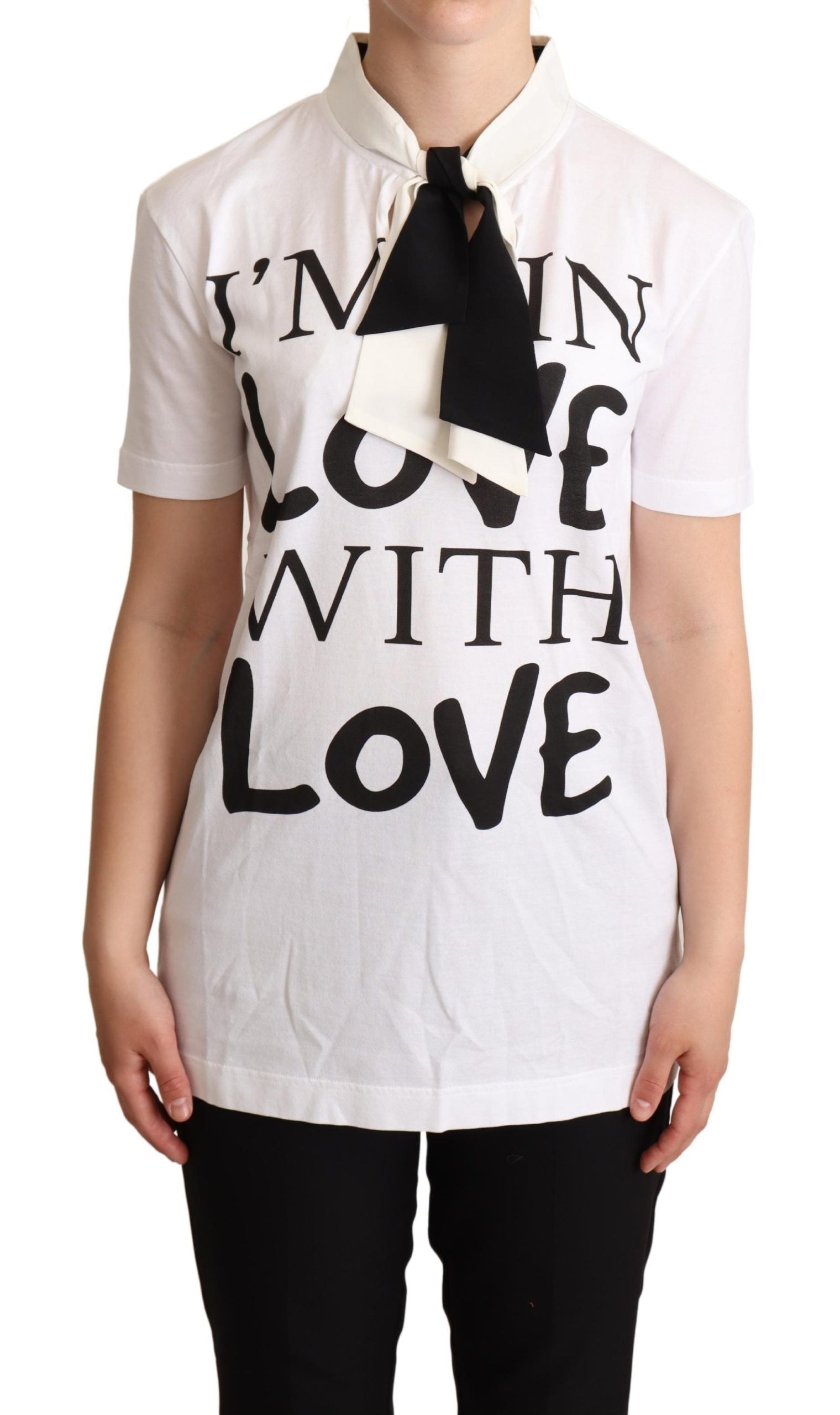 Wit T-shirt met Ascot-kraag van katoen en zijdemix