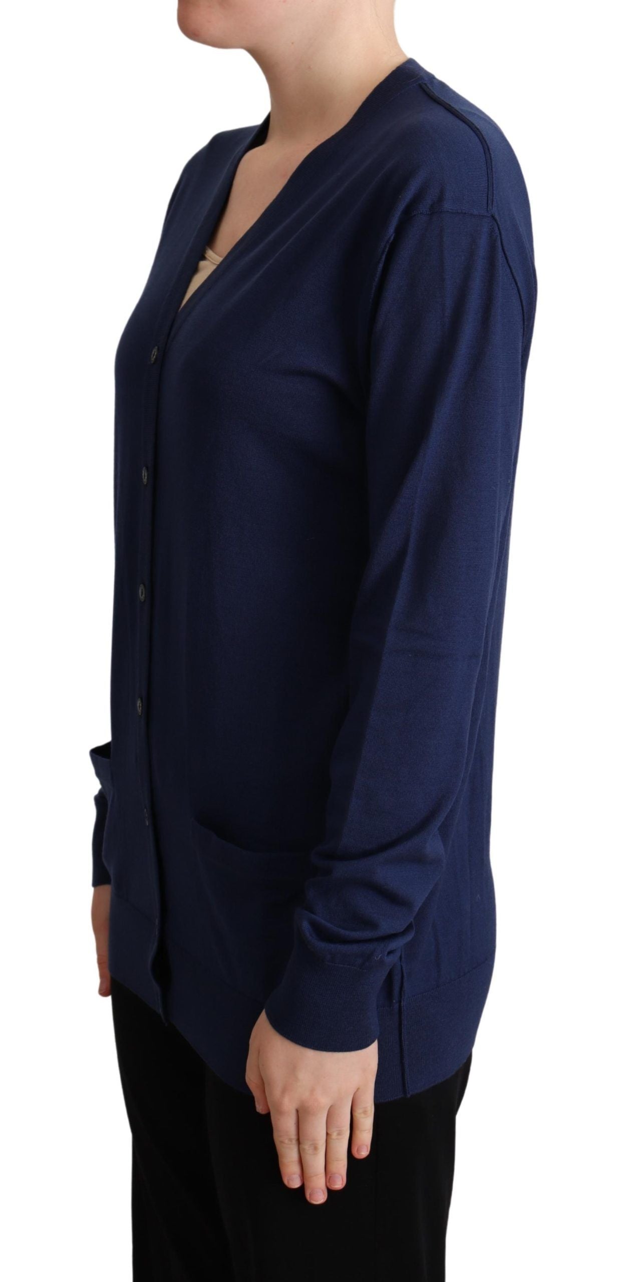 Blauwe maagdelijke wollen cardigan met knoopjes