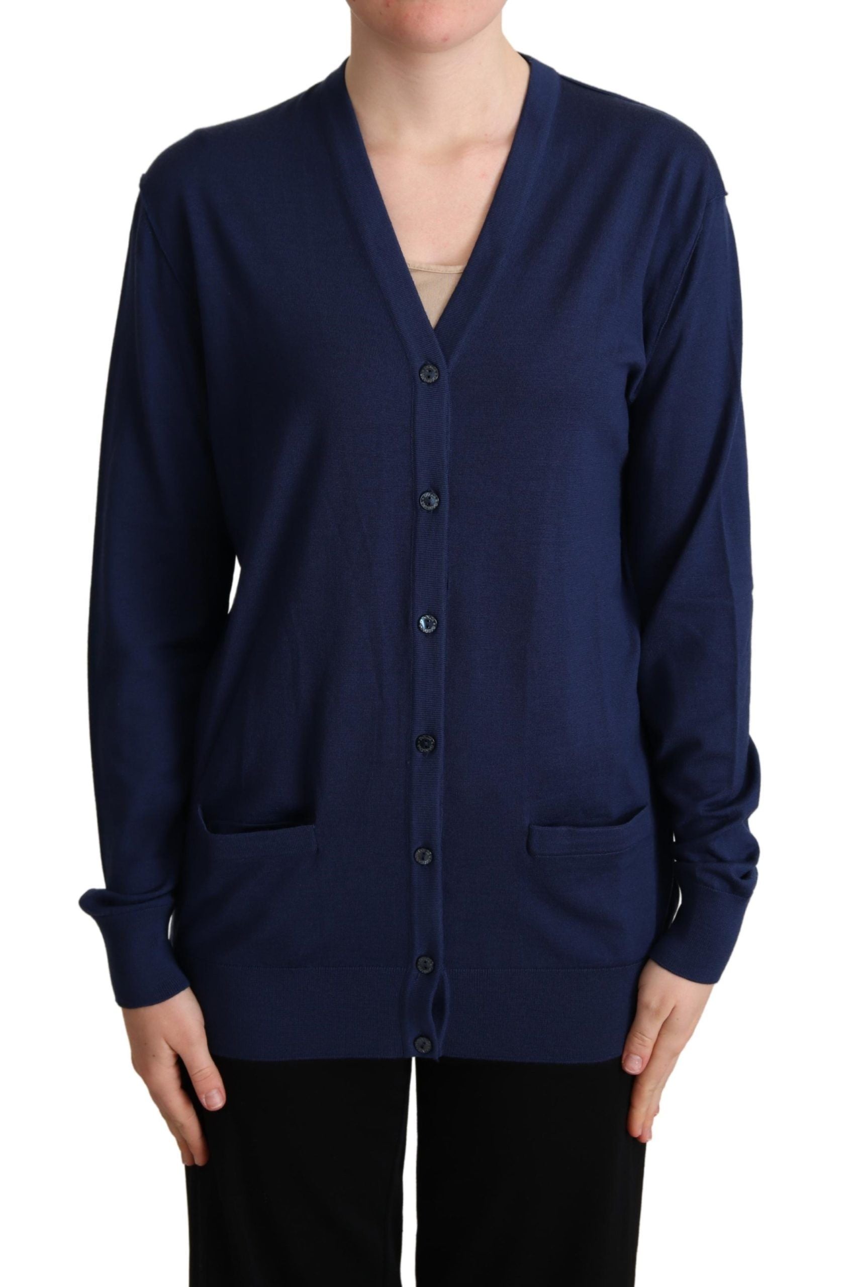 Blauwe maagdelijke wollen cardigan met knoopjes