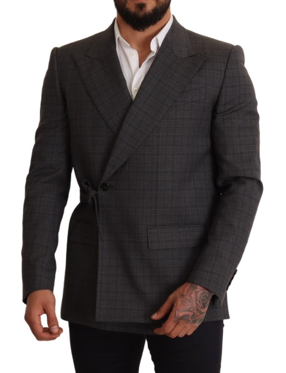 Grijs geruit wollen slim fit blazerjack