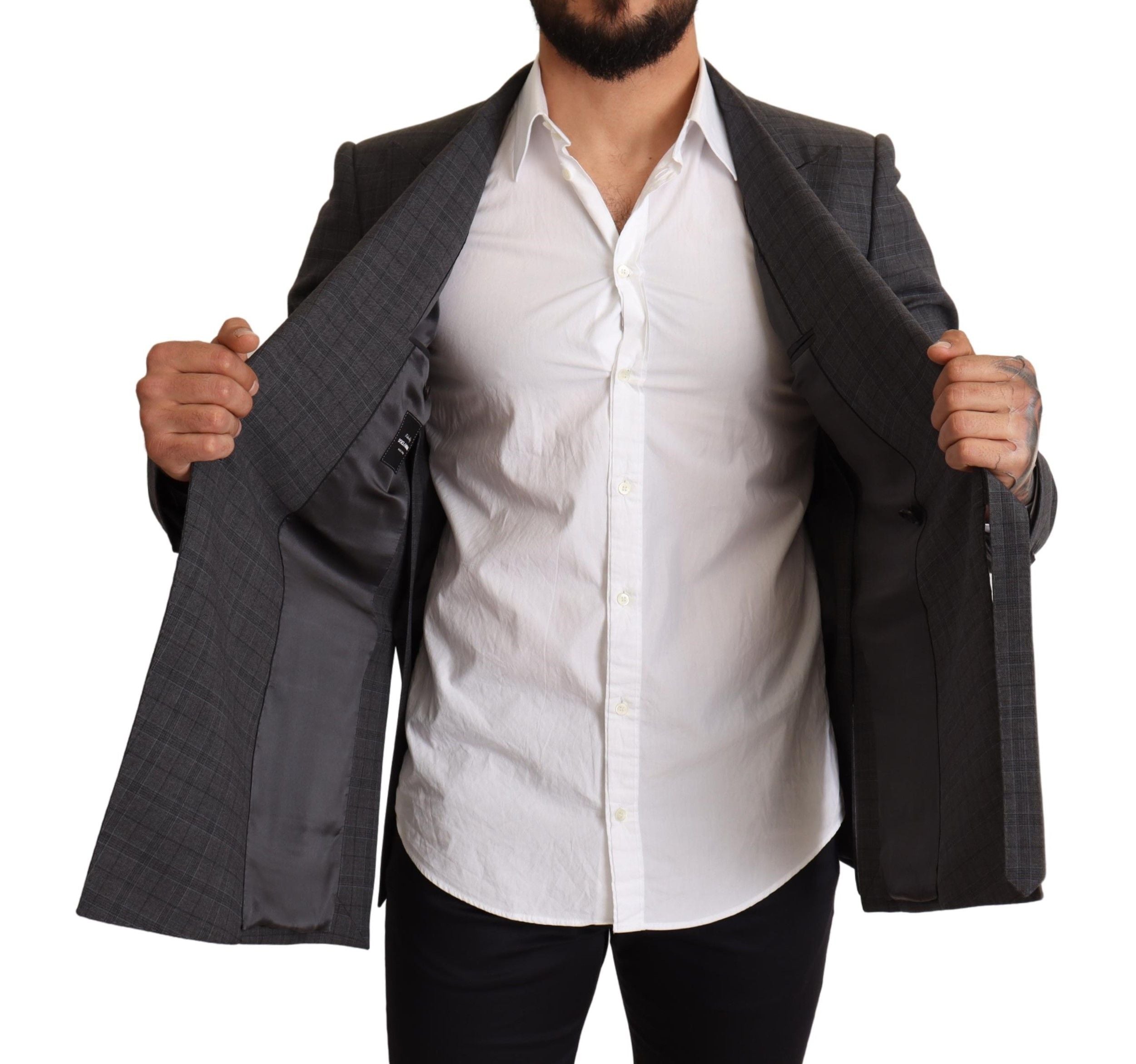 Grijs geruit wollen slim fit blazerjack