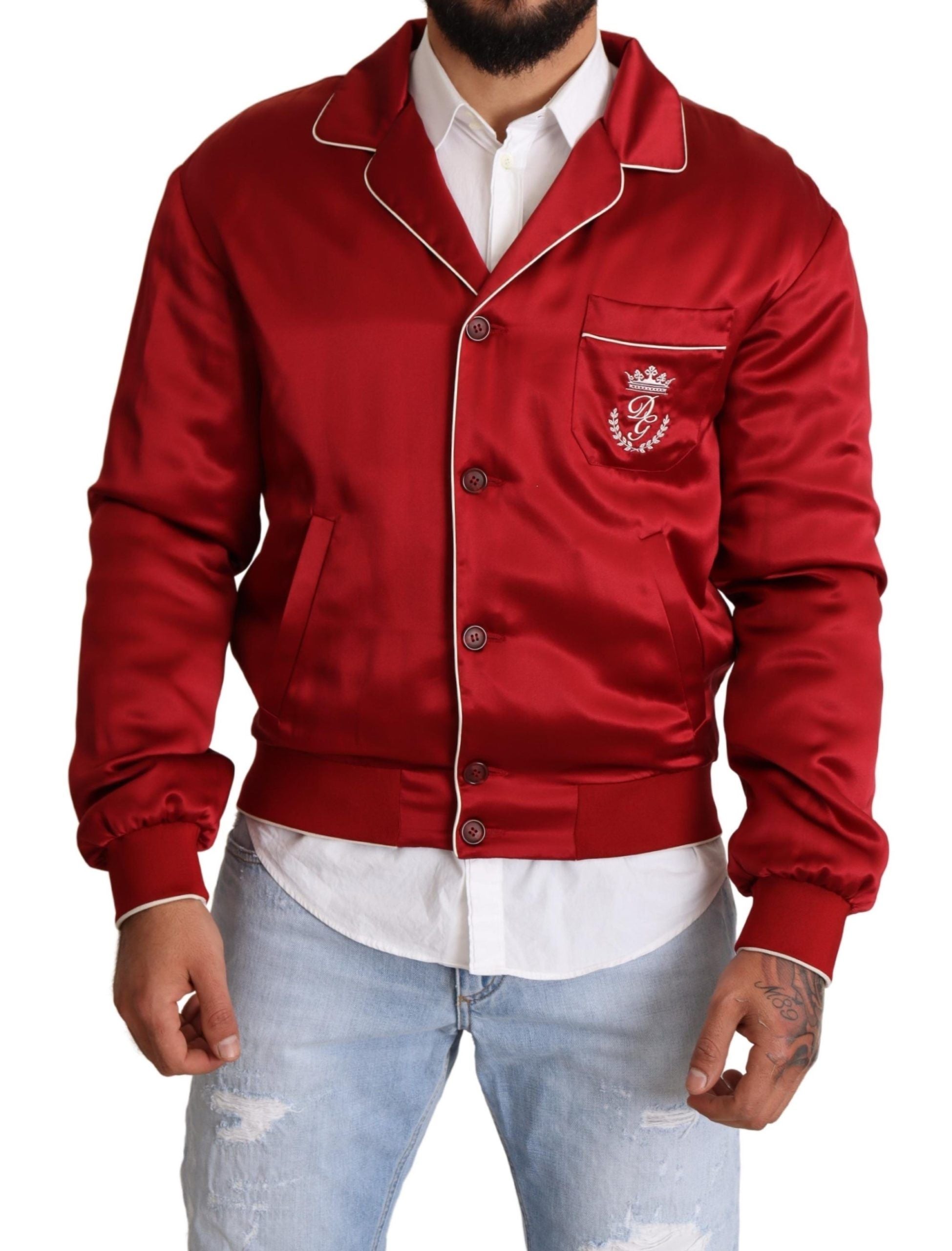 Rode zijden DG-logobomberjack met knopen