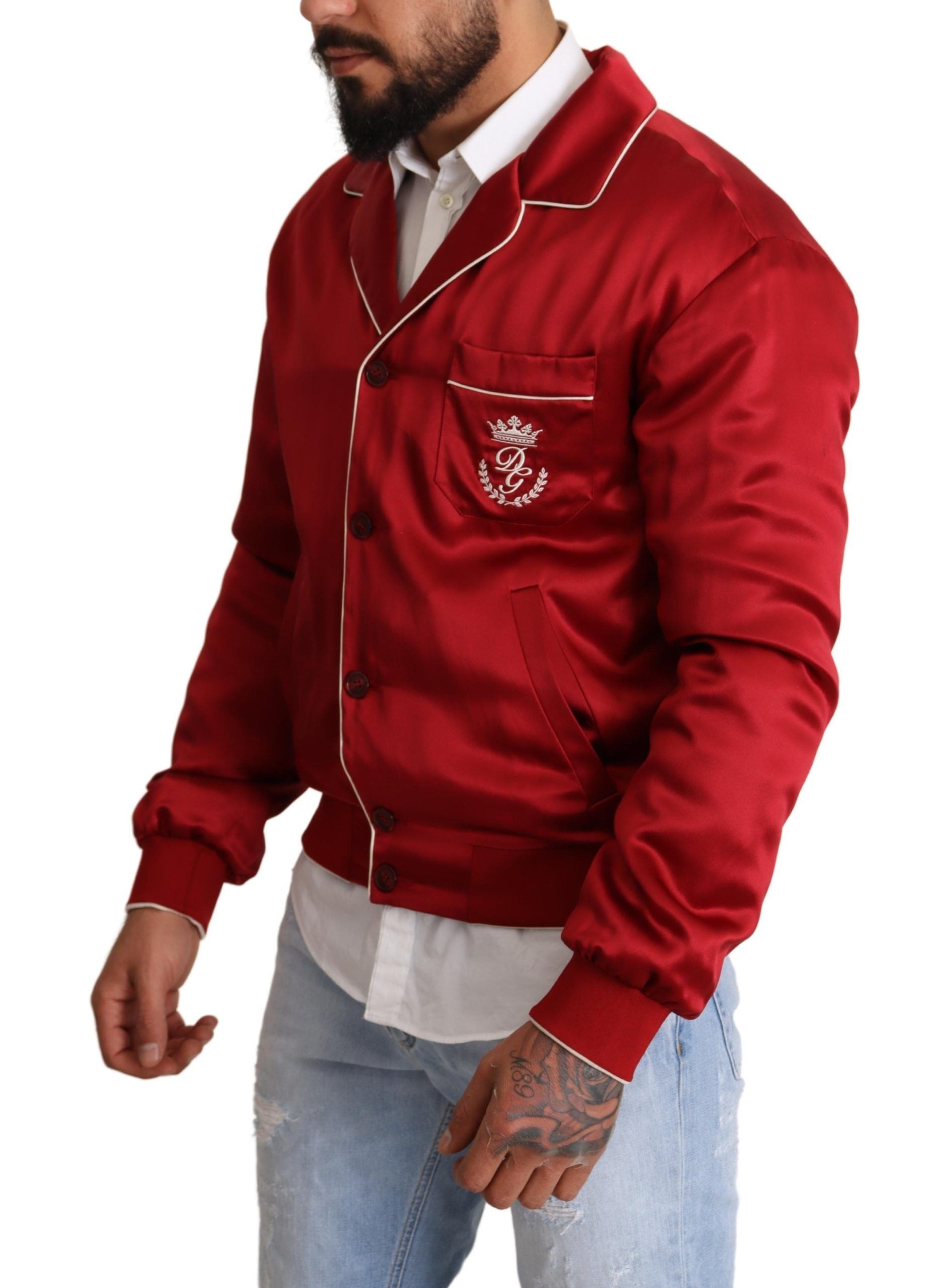 Rode zijden DG-logobomberjack met knopen
