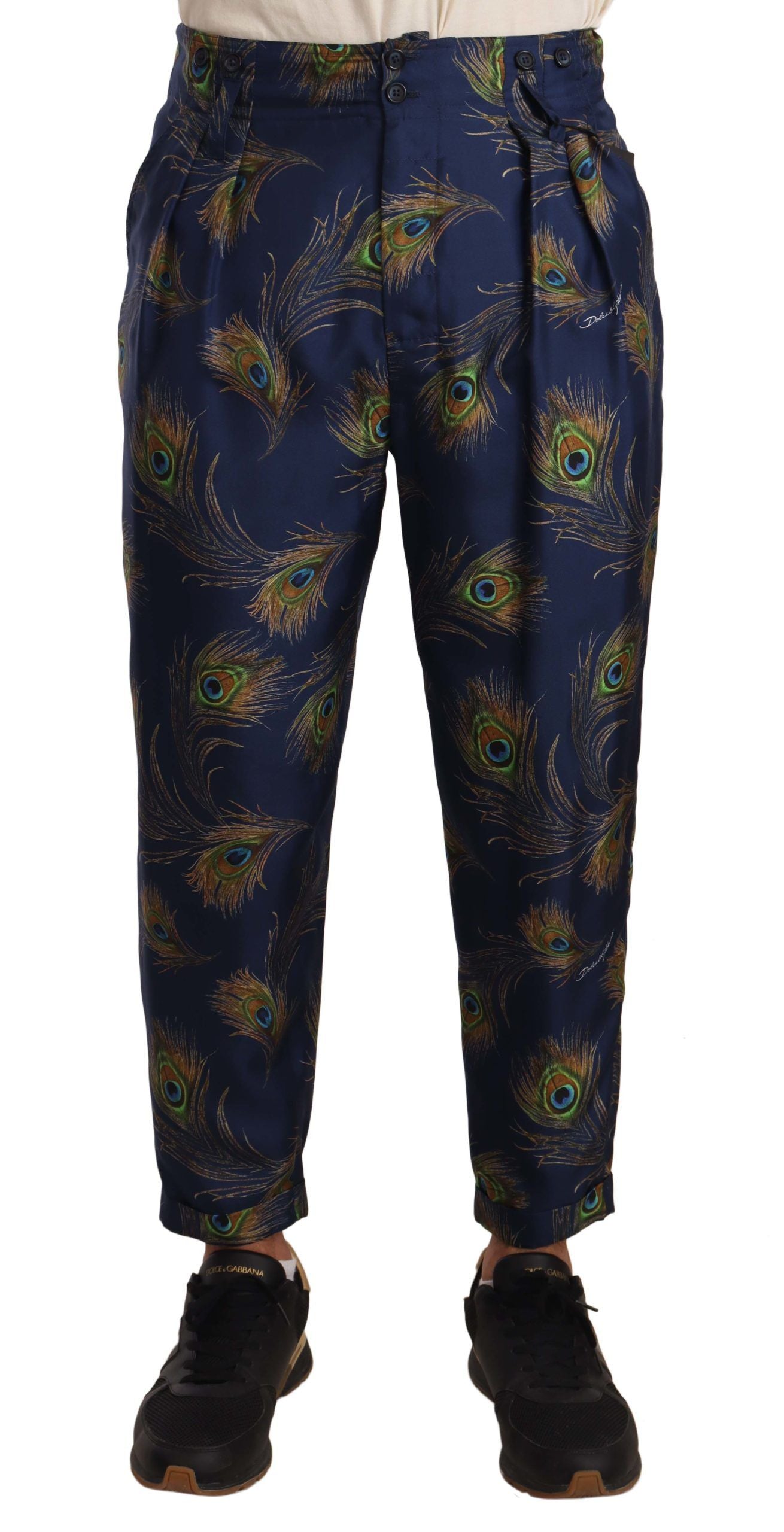 Blauwe pauwprint taps toelopende broek zijden broek