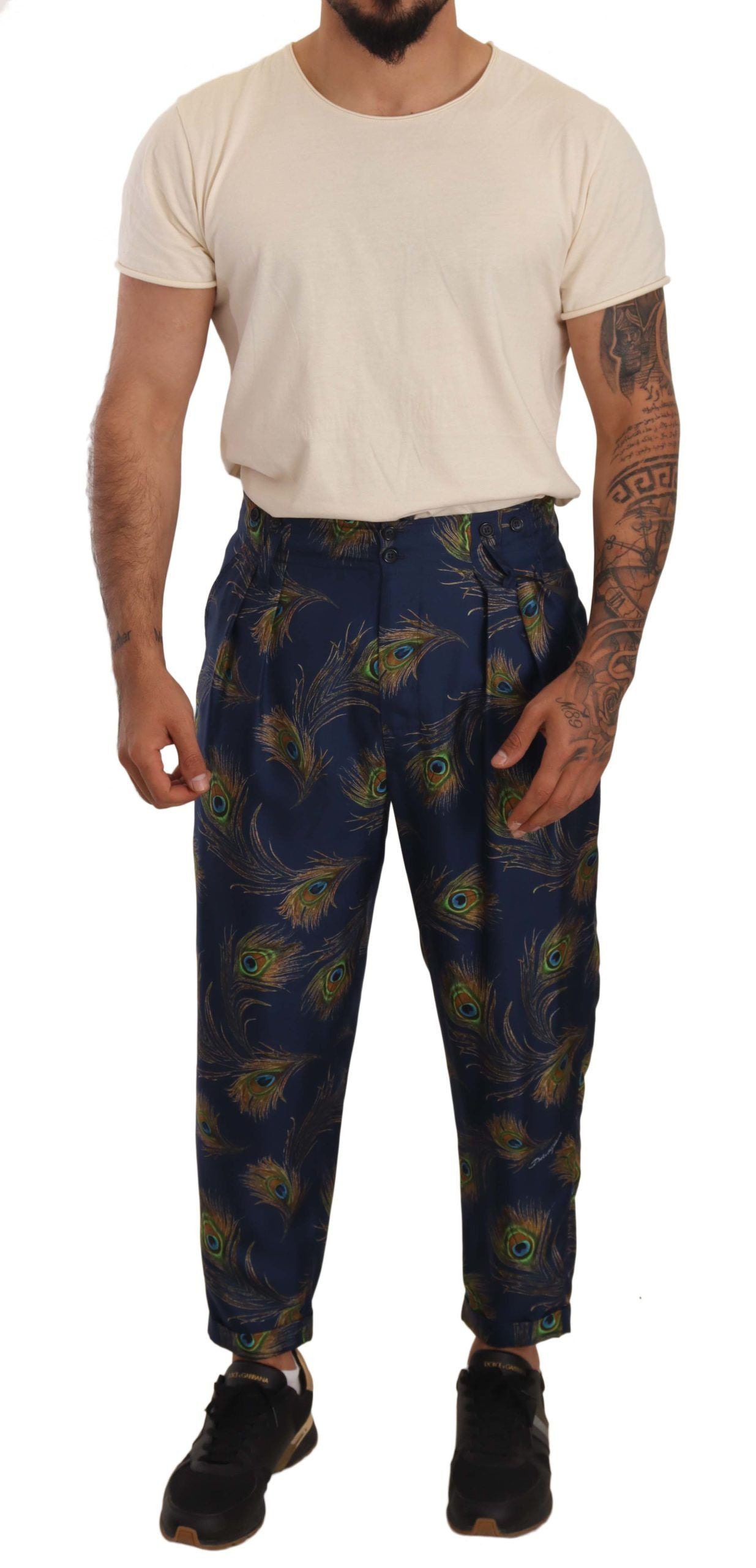 Blauwe pauwprint taps toelopende broek zijden broek