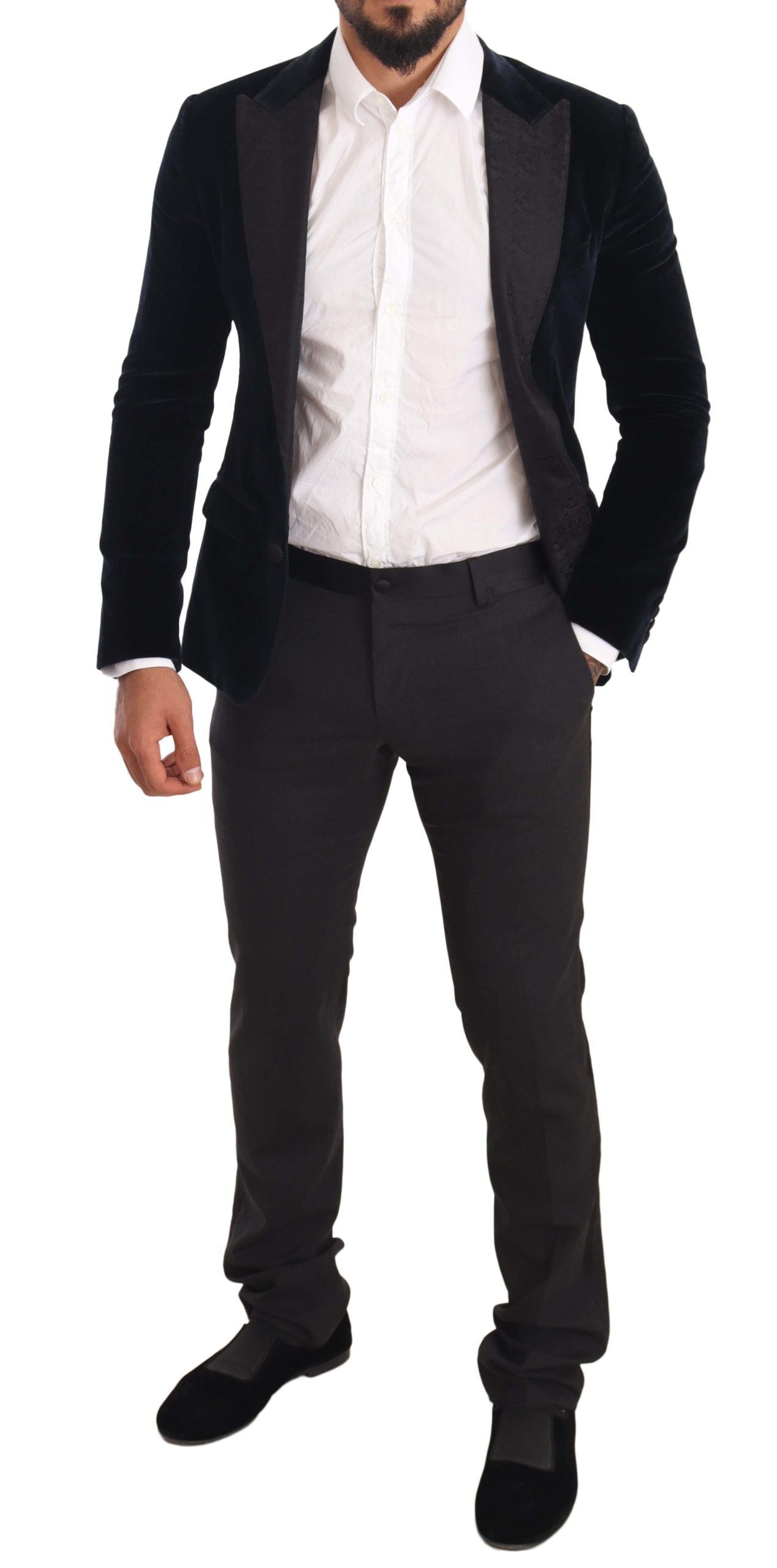 Blauw fluwelen katoenen slim fit rookpak