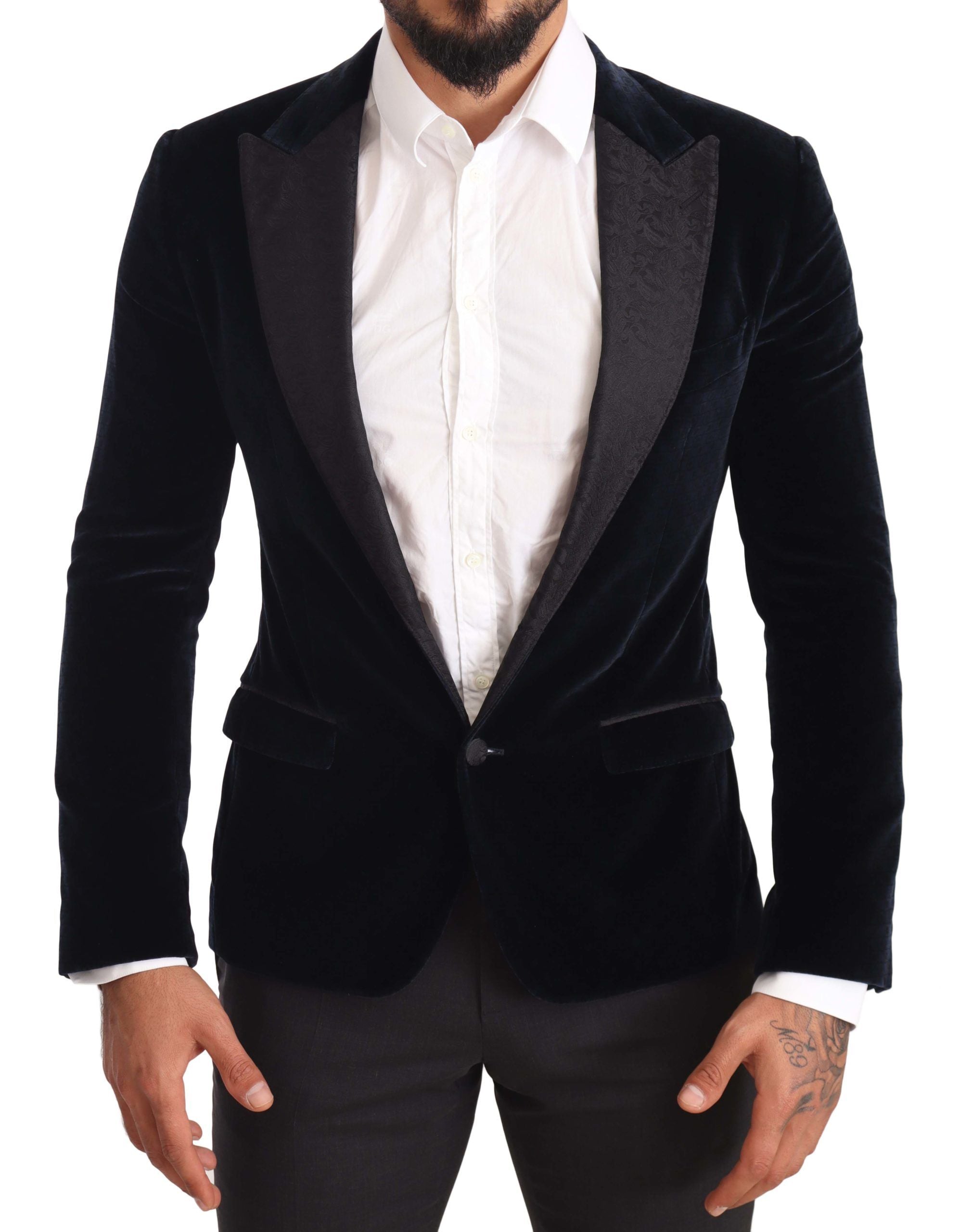 Blauw fluwelen katoenen slim fit rookpak