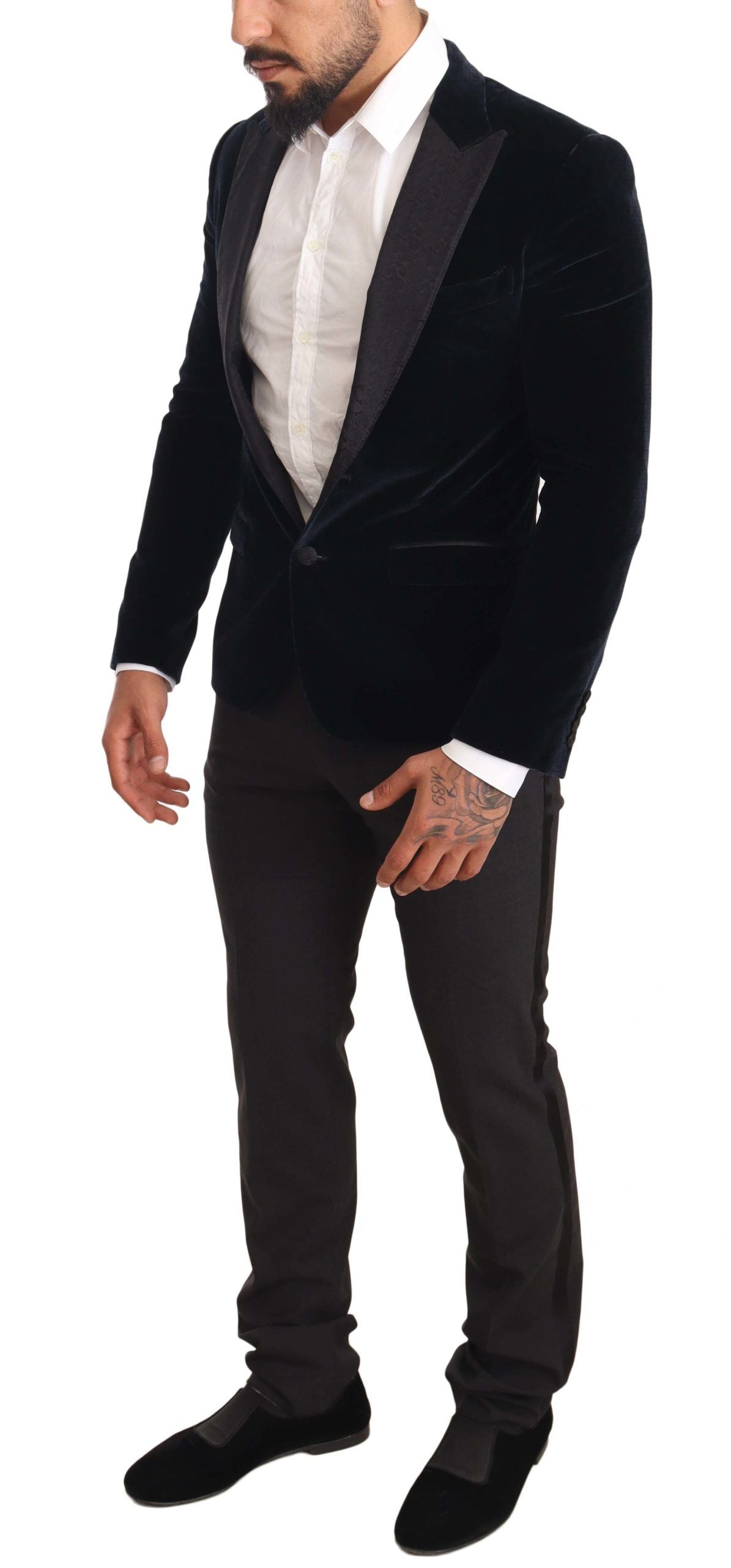Blauw fluwelen katoenen slim fit rookpak