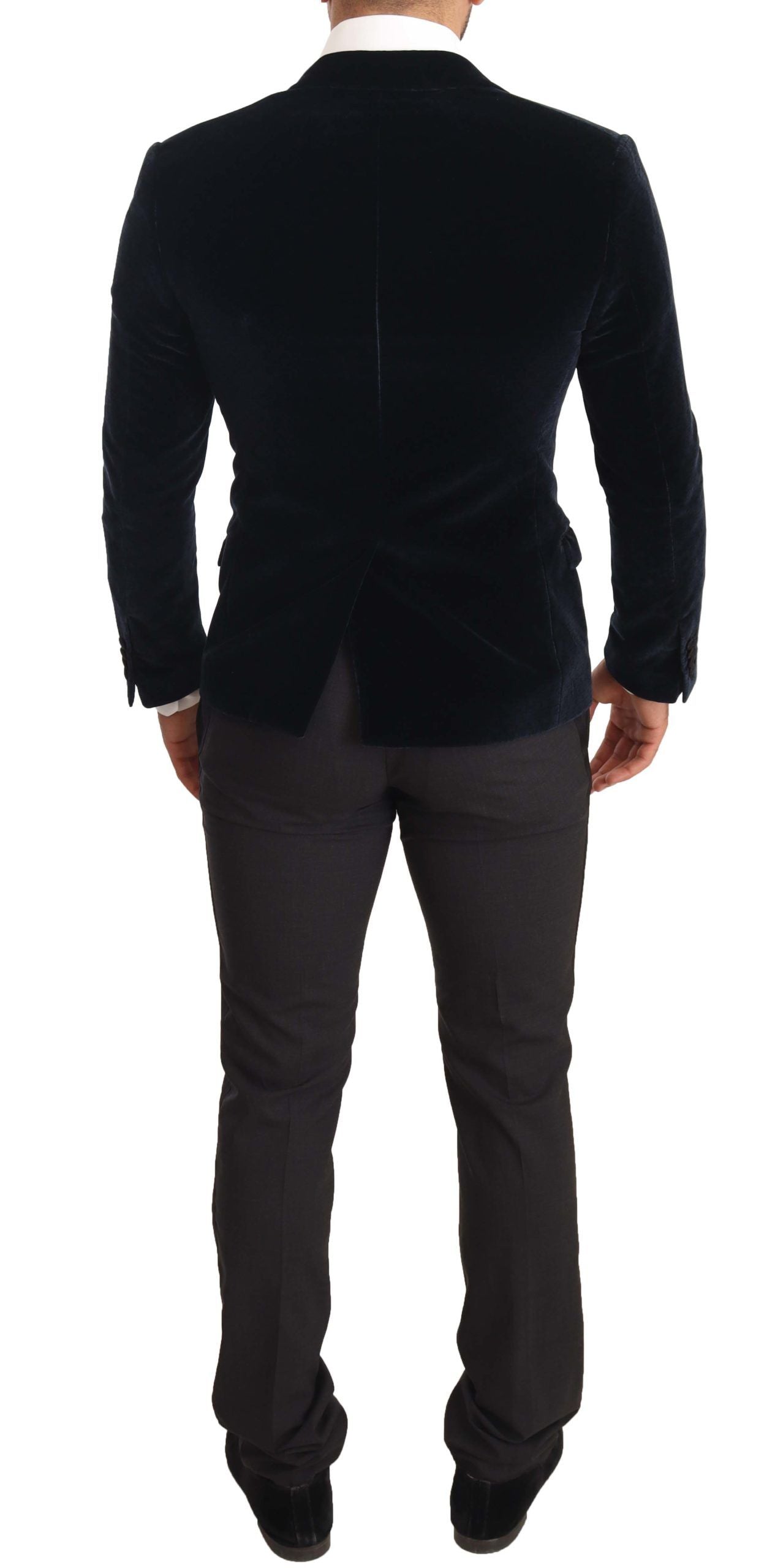 Blauw fluwelen katoenen slim fit rookpak