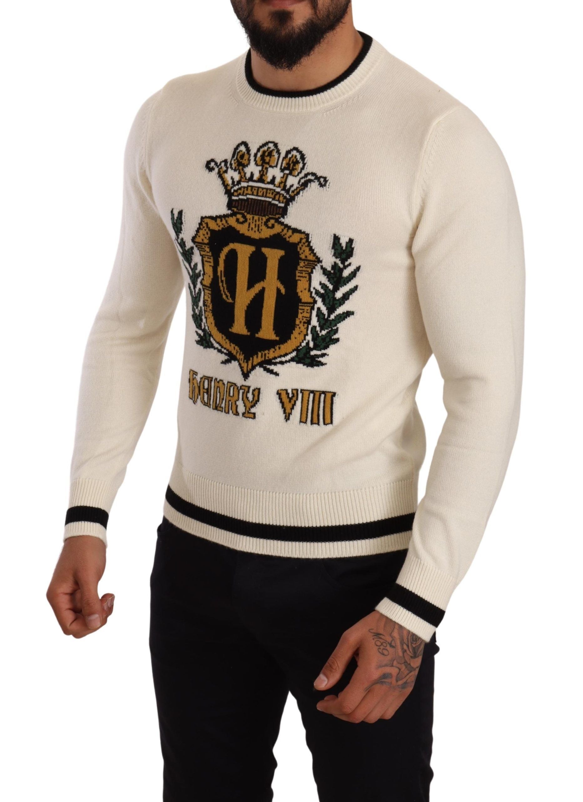 Witte heraldische kasjmier trui