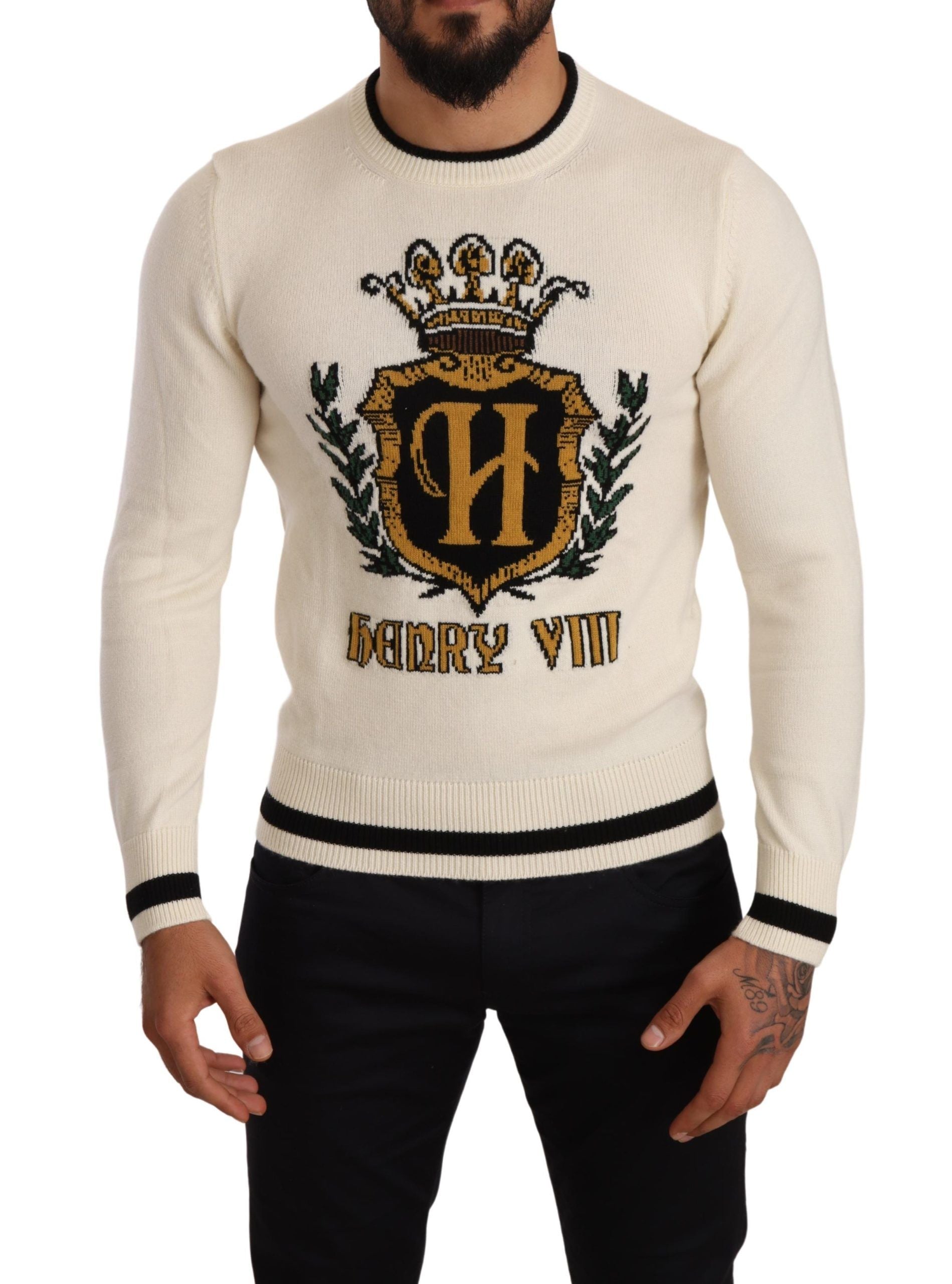 Witte heraldische kasjmier trui