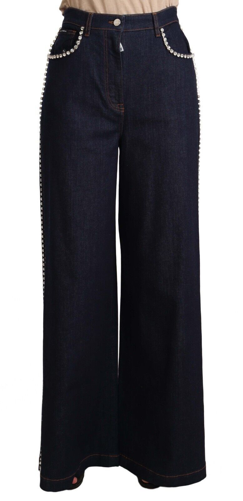 Donkerblauwe flared jeans met kristallen versieringen