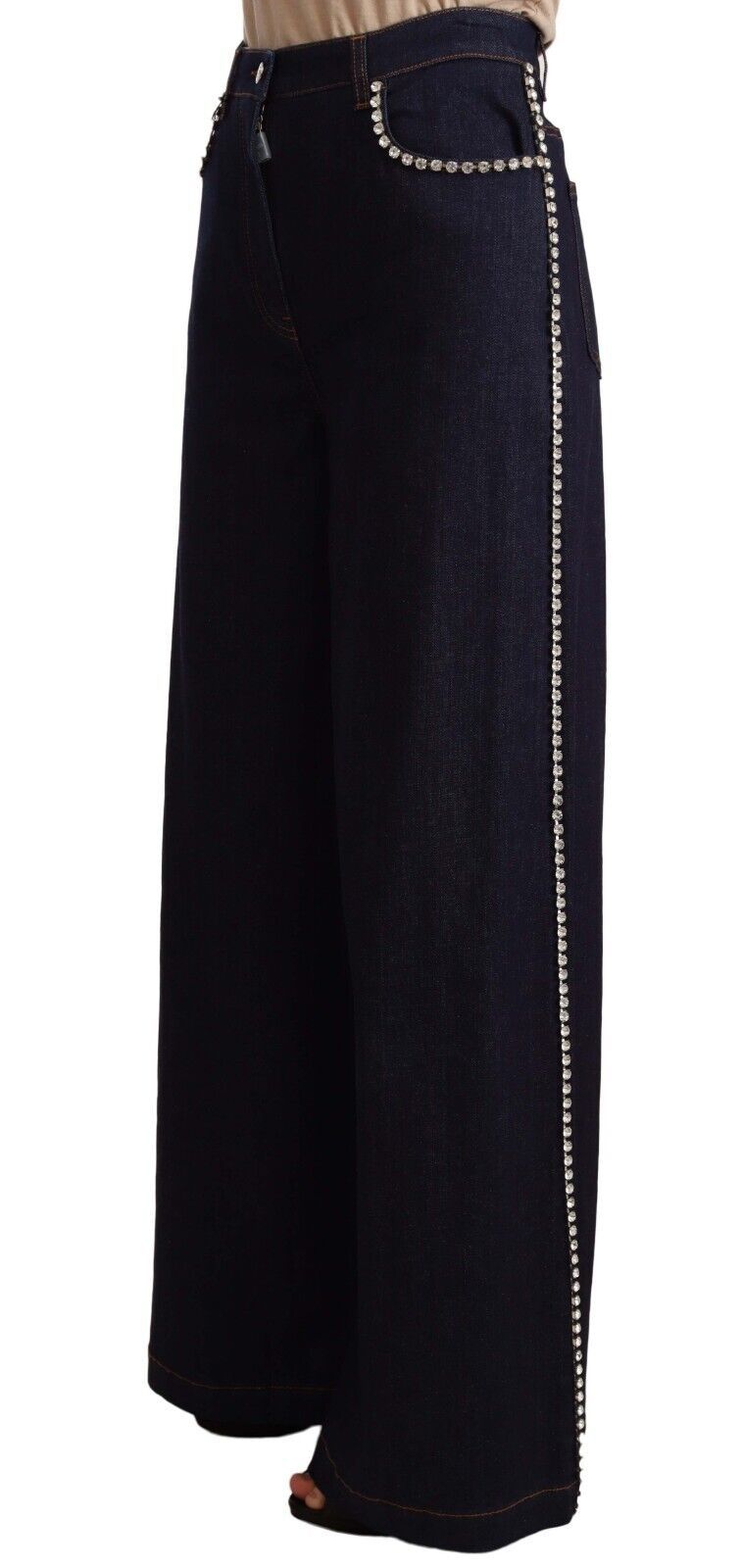 Donkerblauwe flared jeans met kristallen versieringen