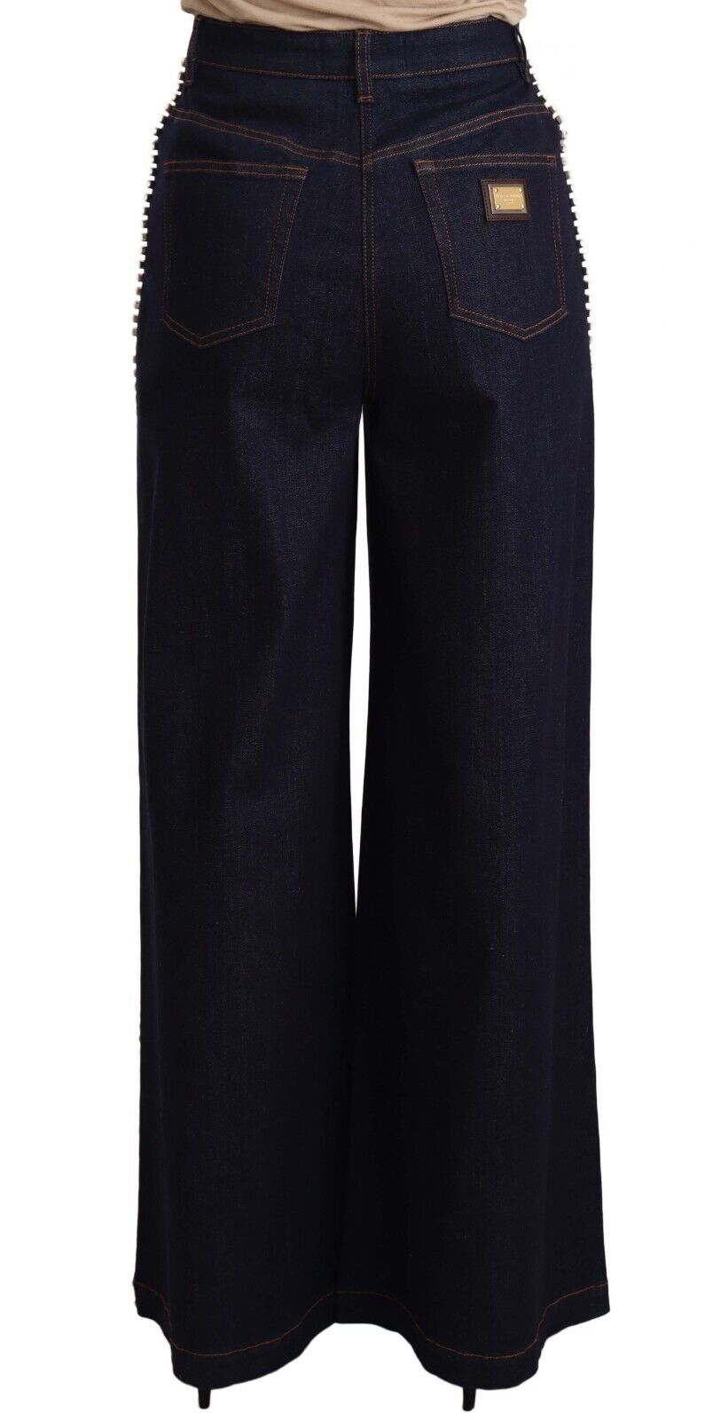 Donkerblauwe flared jeans met kristallen versieringen