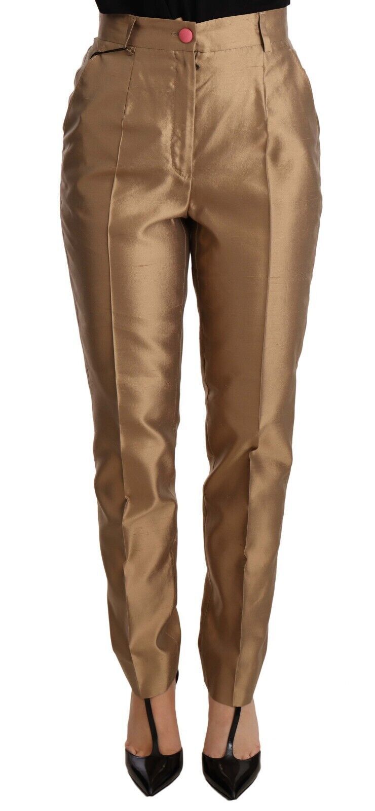 Gouden zijden taps toelopende broek Metallic broek