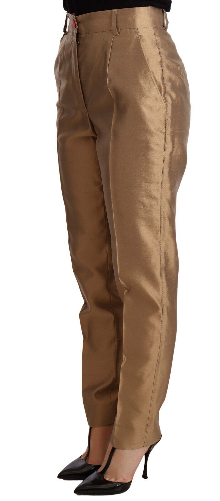 Gouden zijden taps toelopende broek Metallic broek