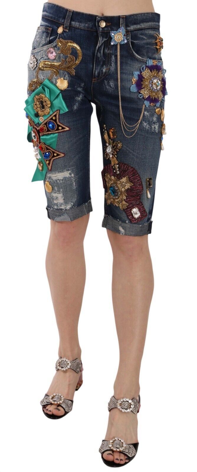Blauwe denim kristal capri shorts met middelhoge taille