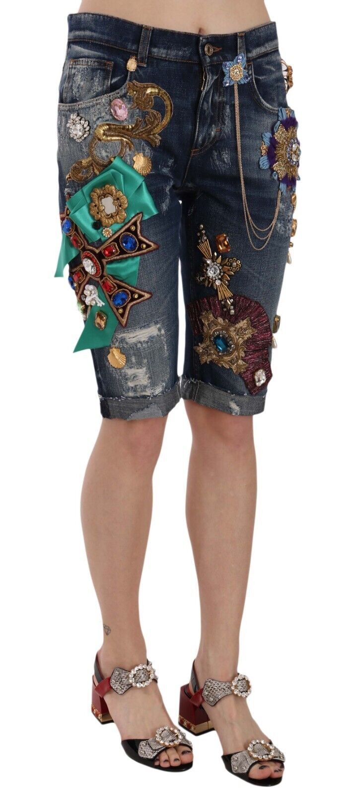 Blauwe denim kristal capri shorts met middelhoge taille