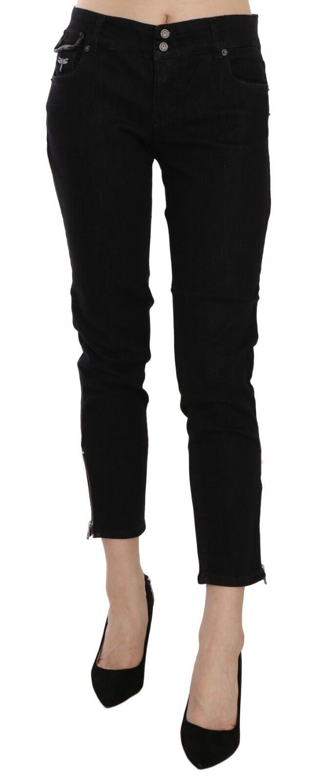 Zwarte denim casual broek met middelhoge taille en cropped zoom